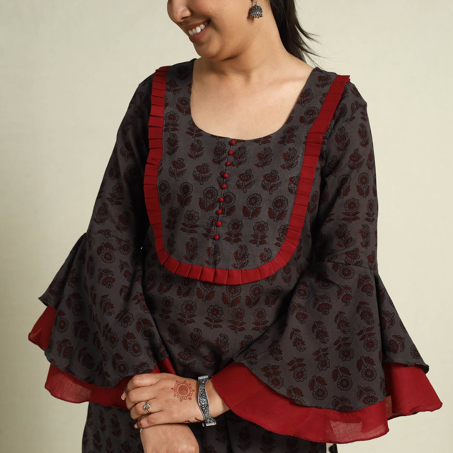 Brown Block Print Mul Cotton Straight Bagh Kurta for Women