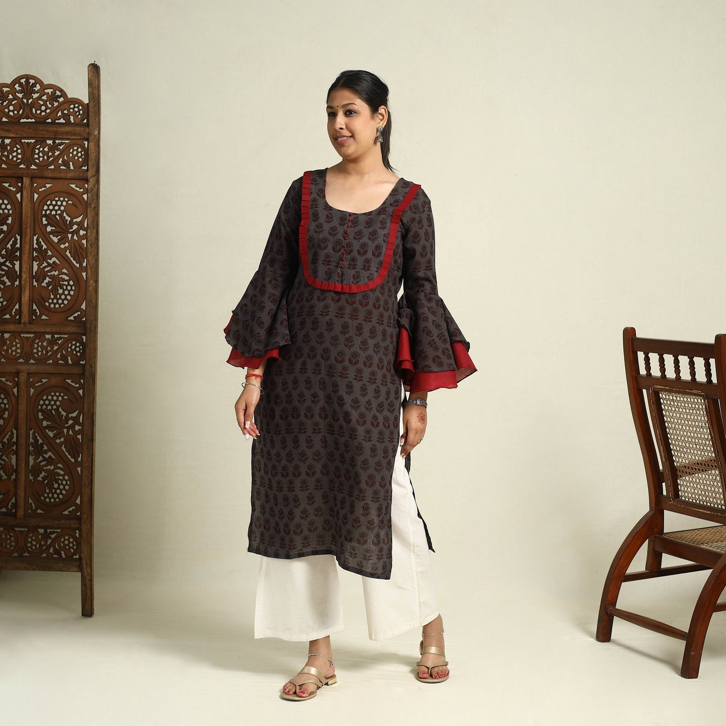 Brown Block Print Mul Cotton Straight Bagh Kurta for Women