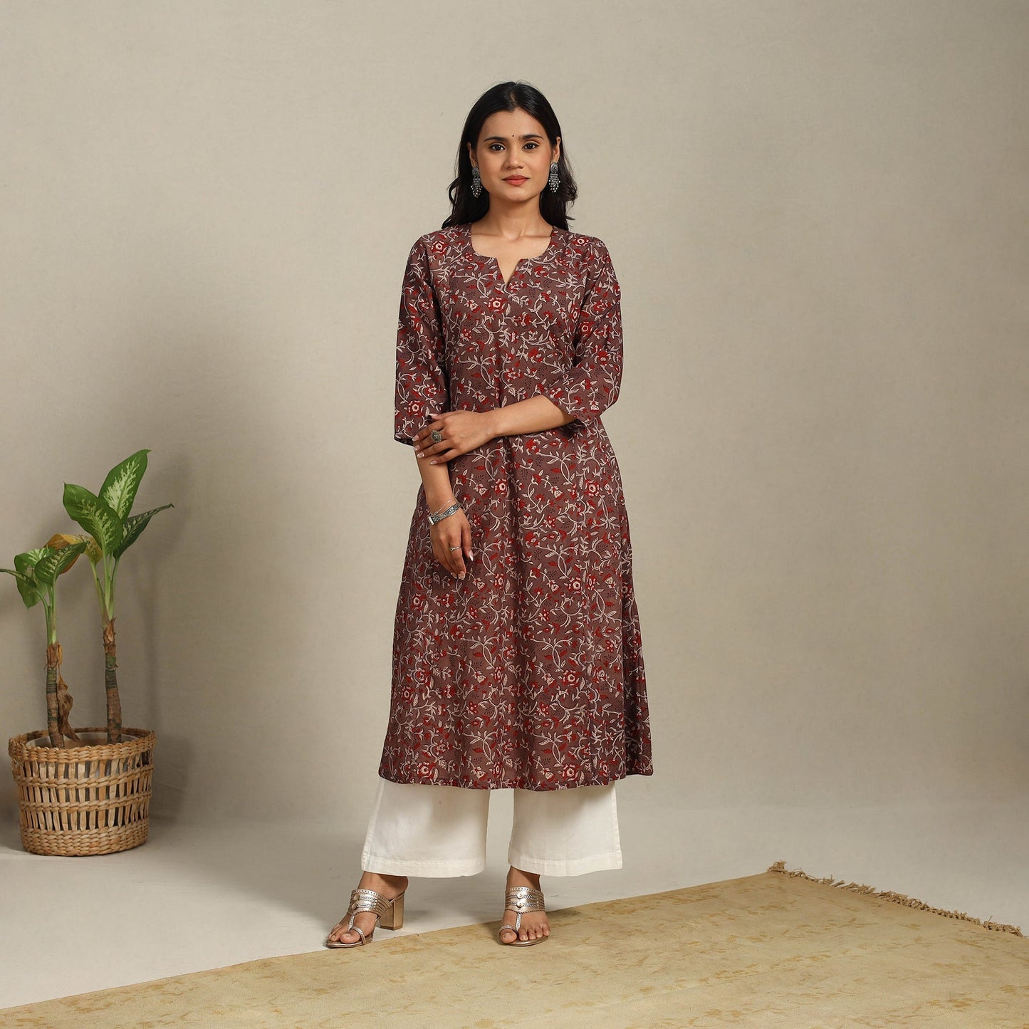 Brown Block Print Natural Dyed Cotton A-Line Ajrakh Kurta