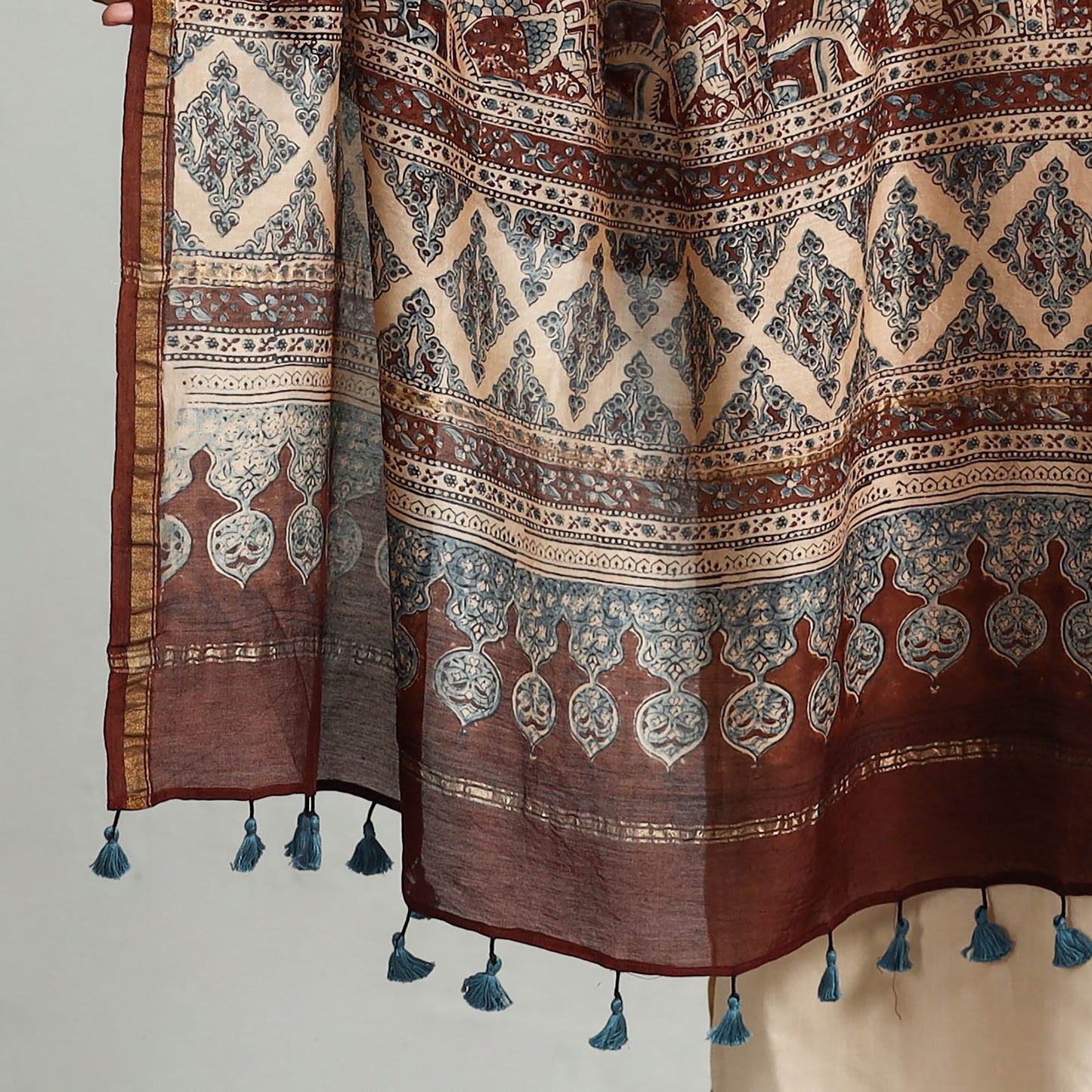Brown - Block Printed Chanderi Silk Handloom Ajrakh Dupatta 13