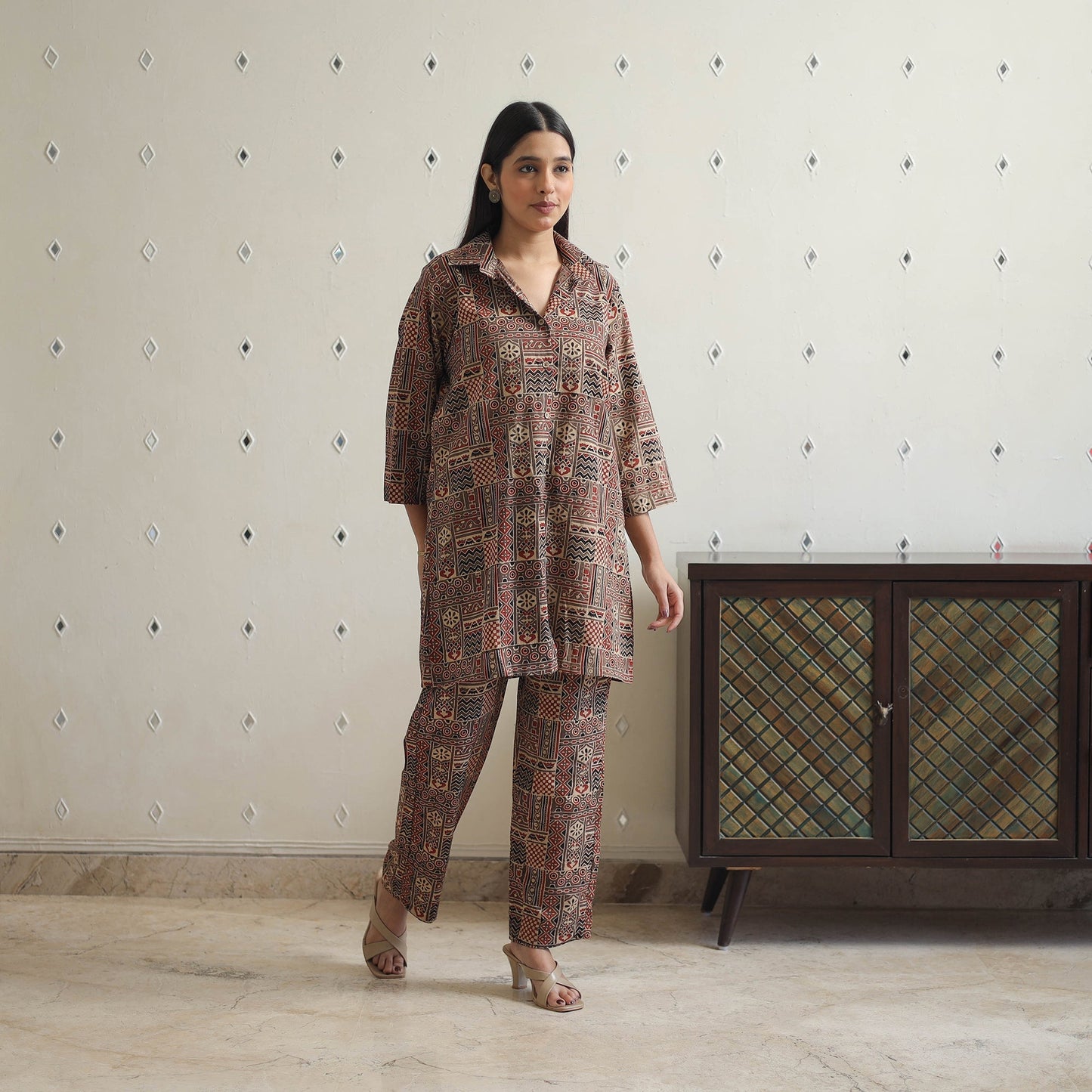 Brown Block Printed Cotton Ajrakh Co-ord Set