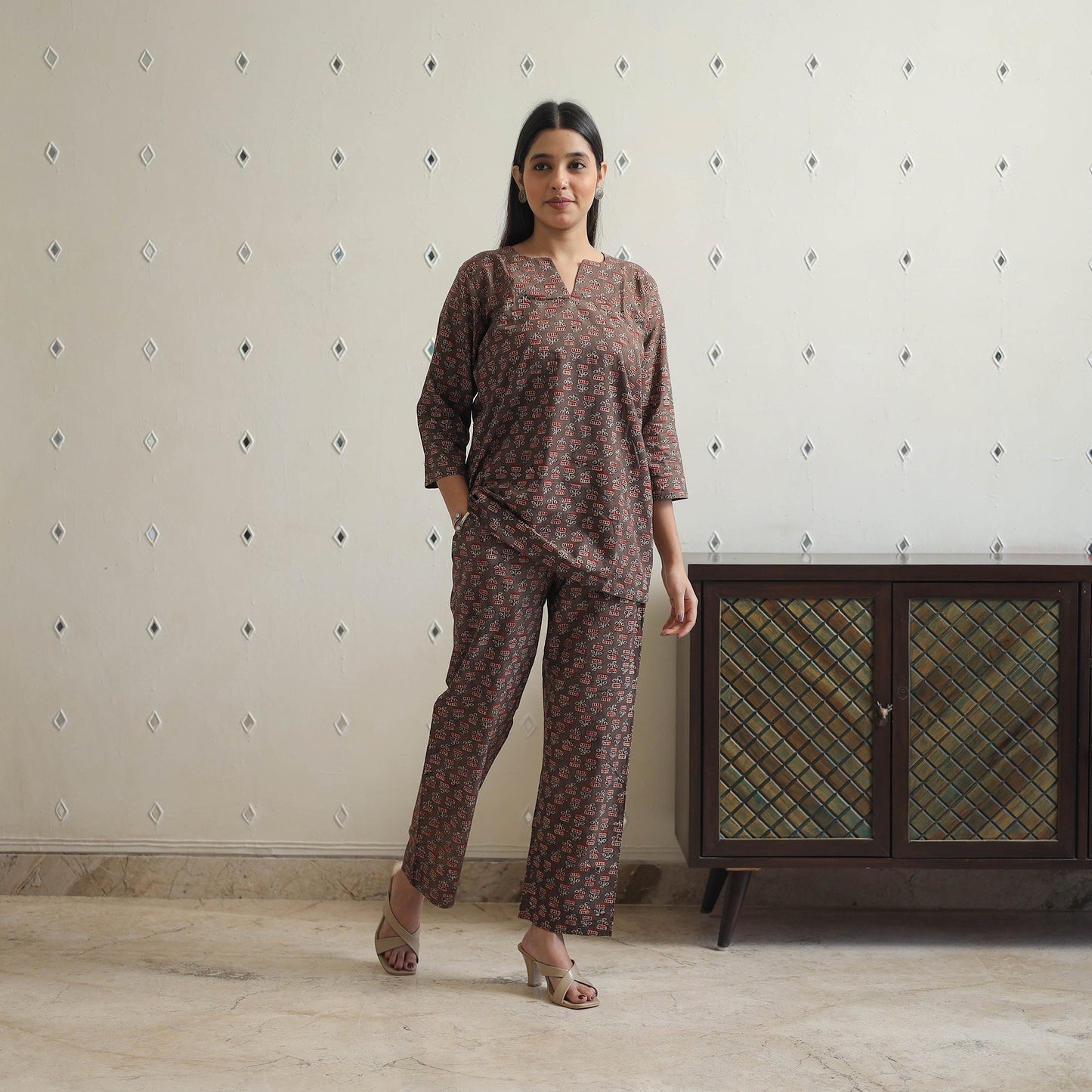 Brown - printed cotton co-ord set 20 - handcrafted