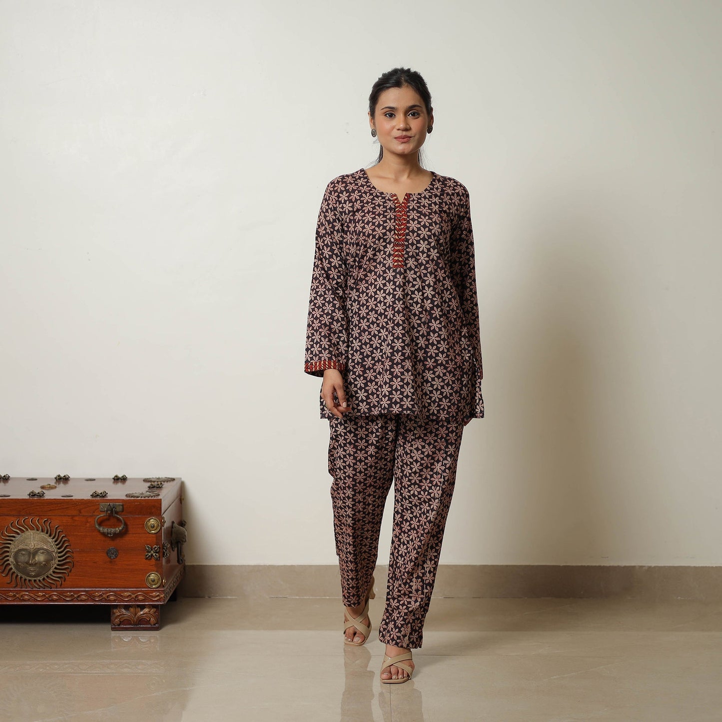 Brown Block Print Cotton Bagru Co-Ord Set