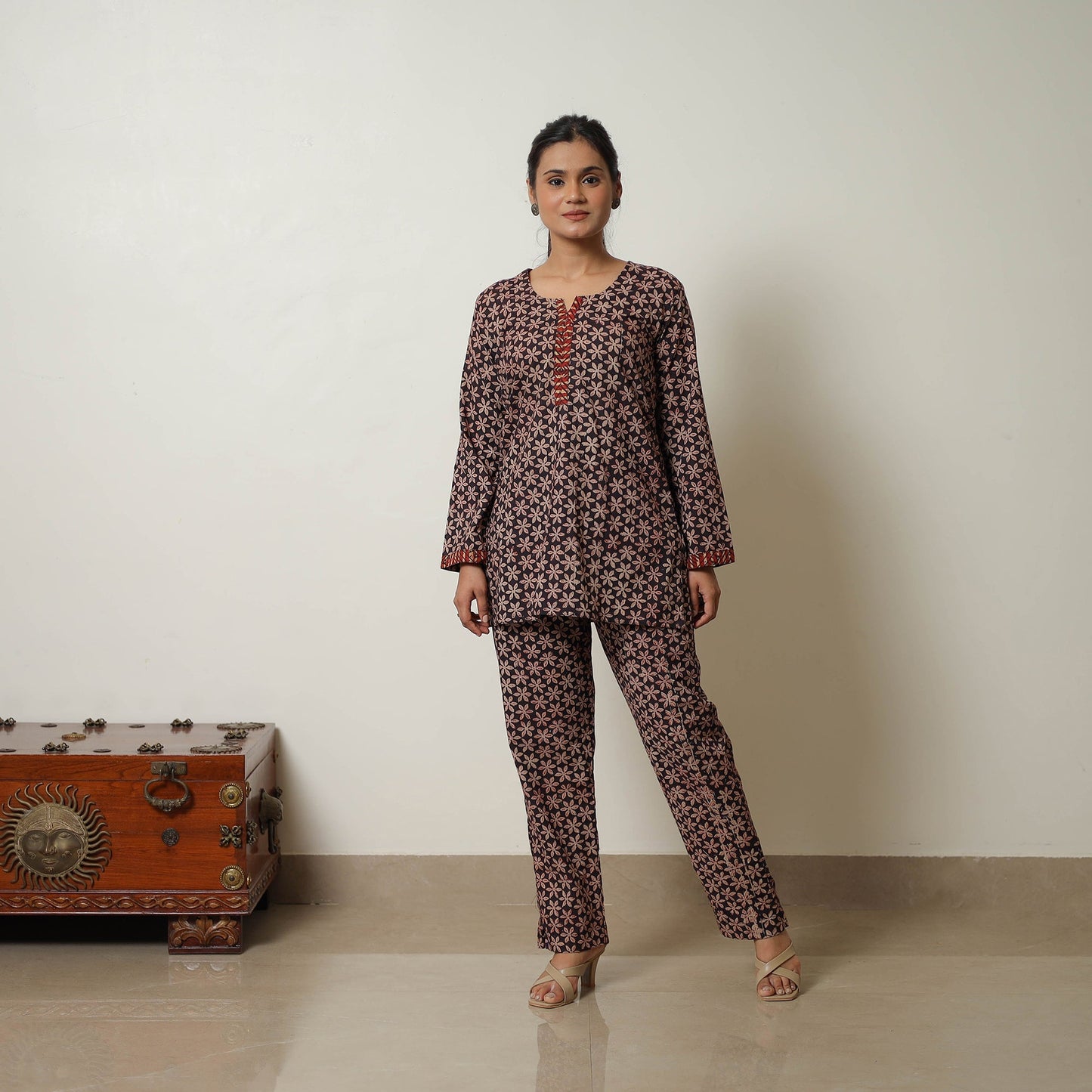 Brown Block Print Cotton Bagru Co-Ord Set