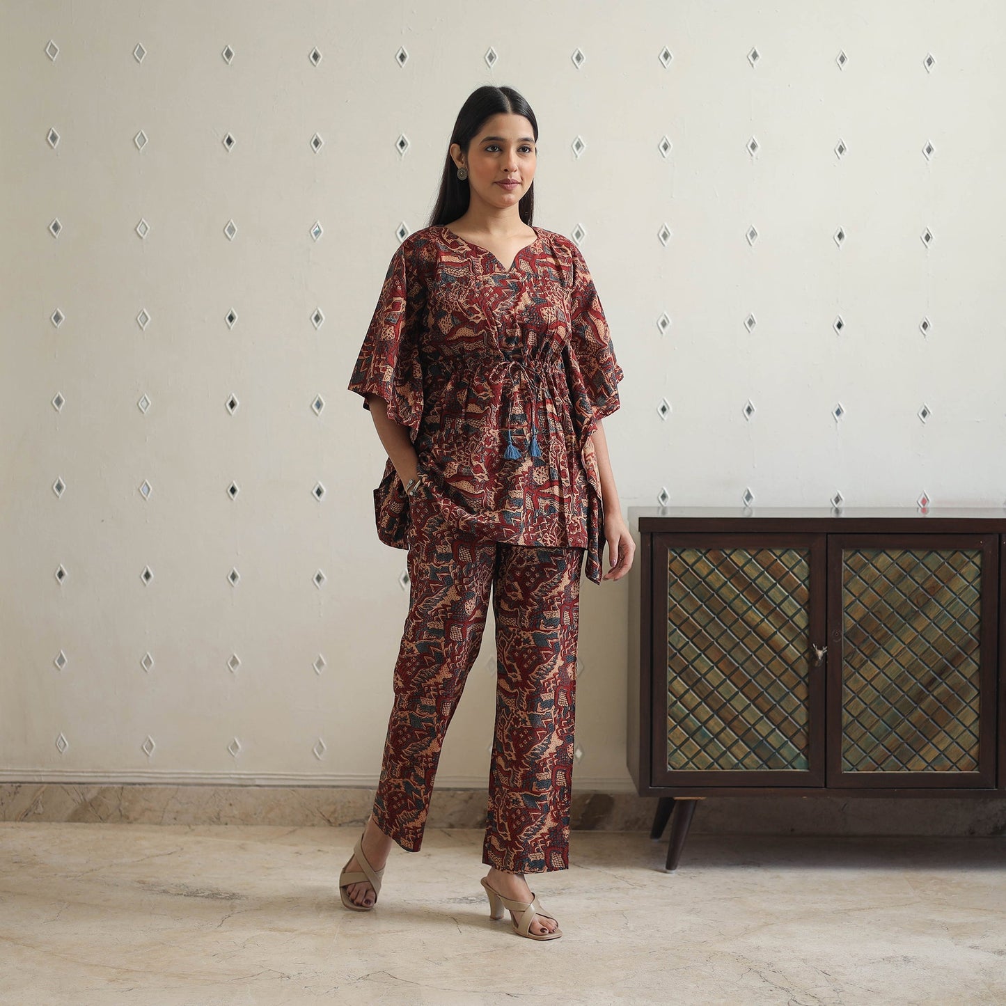 Brown Block Printed Cotton Kaftan Ajrakh Co-ord Set