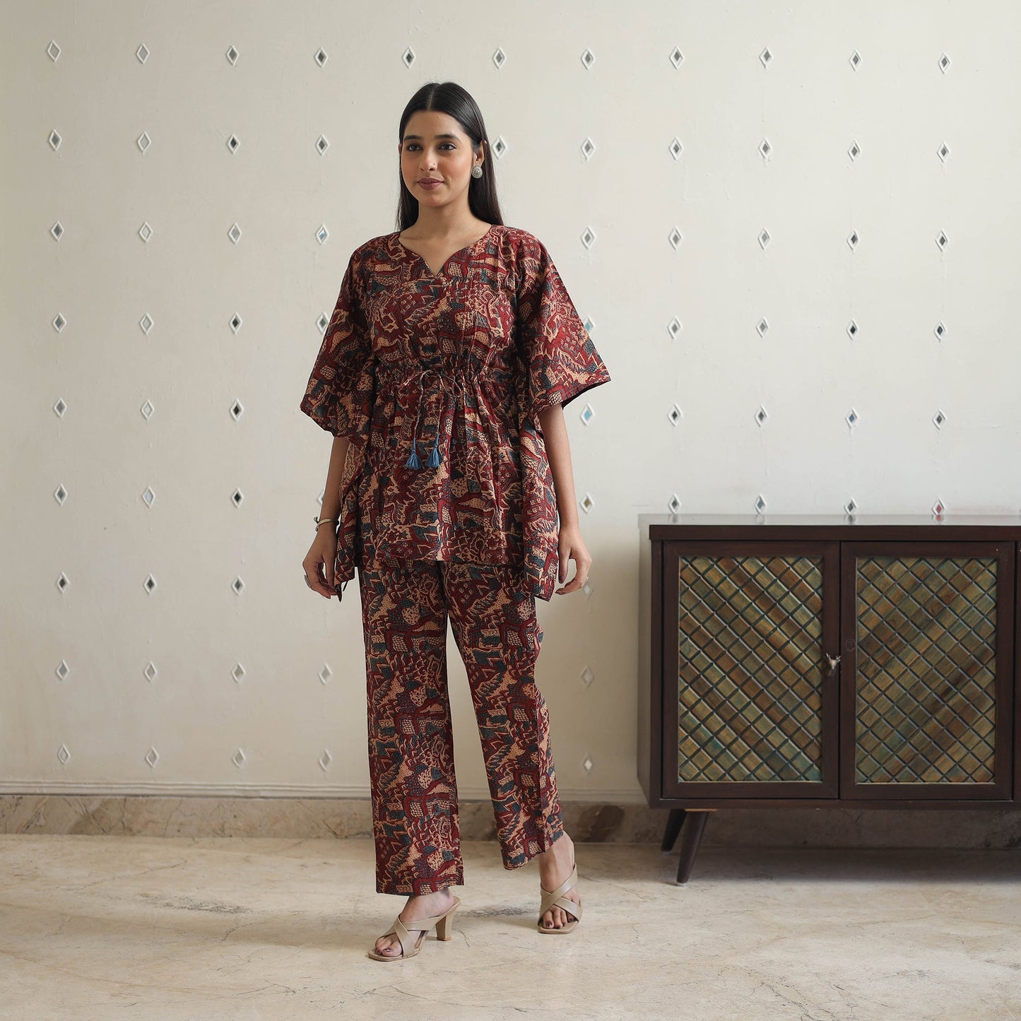 Brown Block Printed Cotton Kaftan Ajrakh Co-ord Set