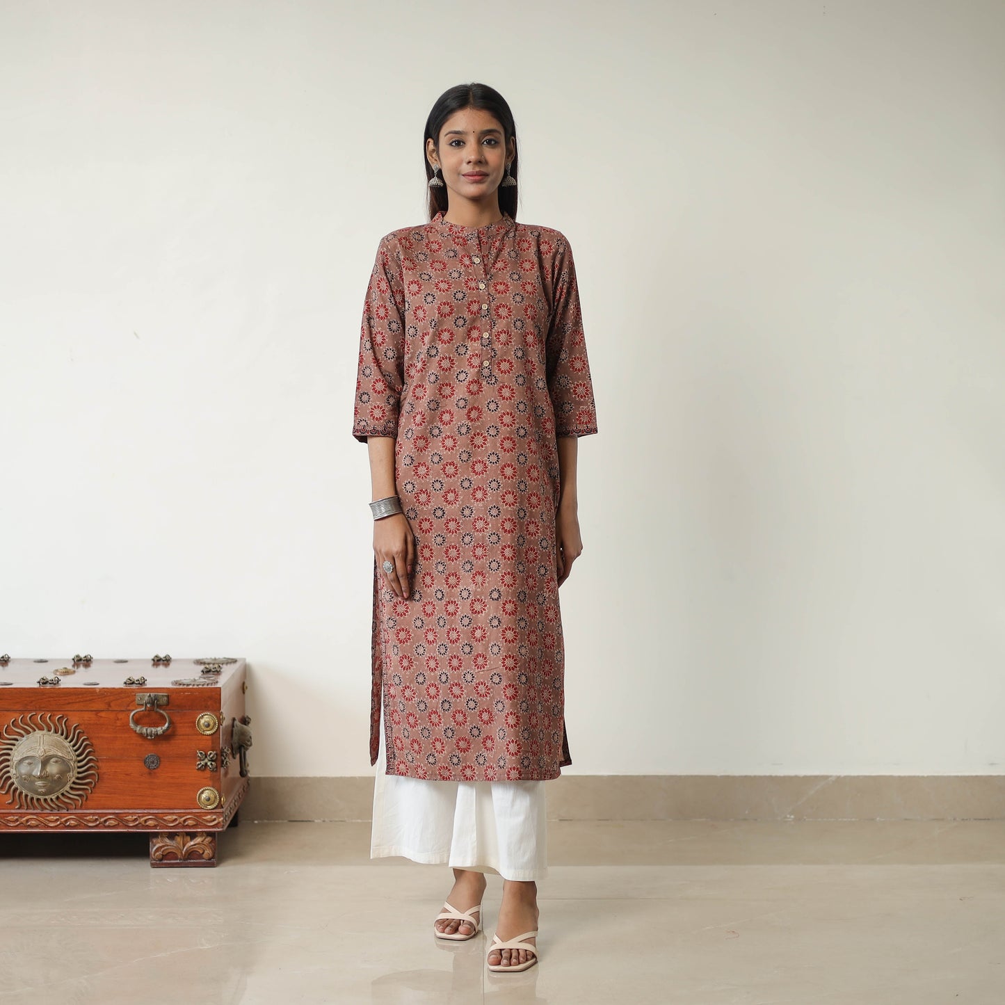 Shop Brown Block Printed Cotton Straight Ajrakh Kurta Online