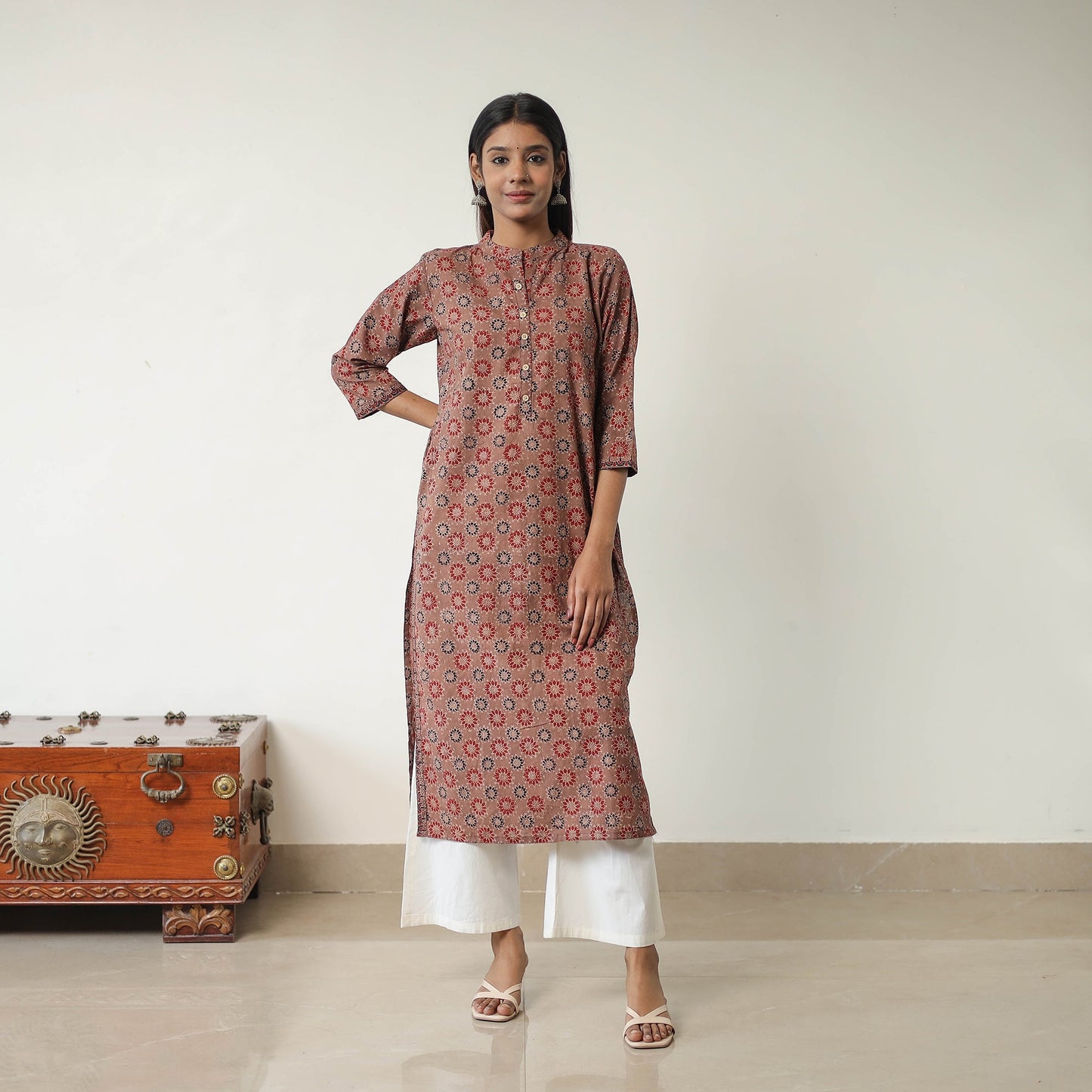 Shop Brown Block Printed Cotton Straight Ajrakh Kurta Online