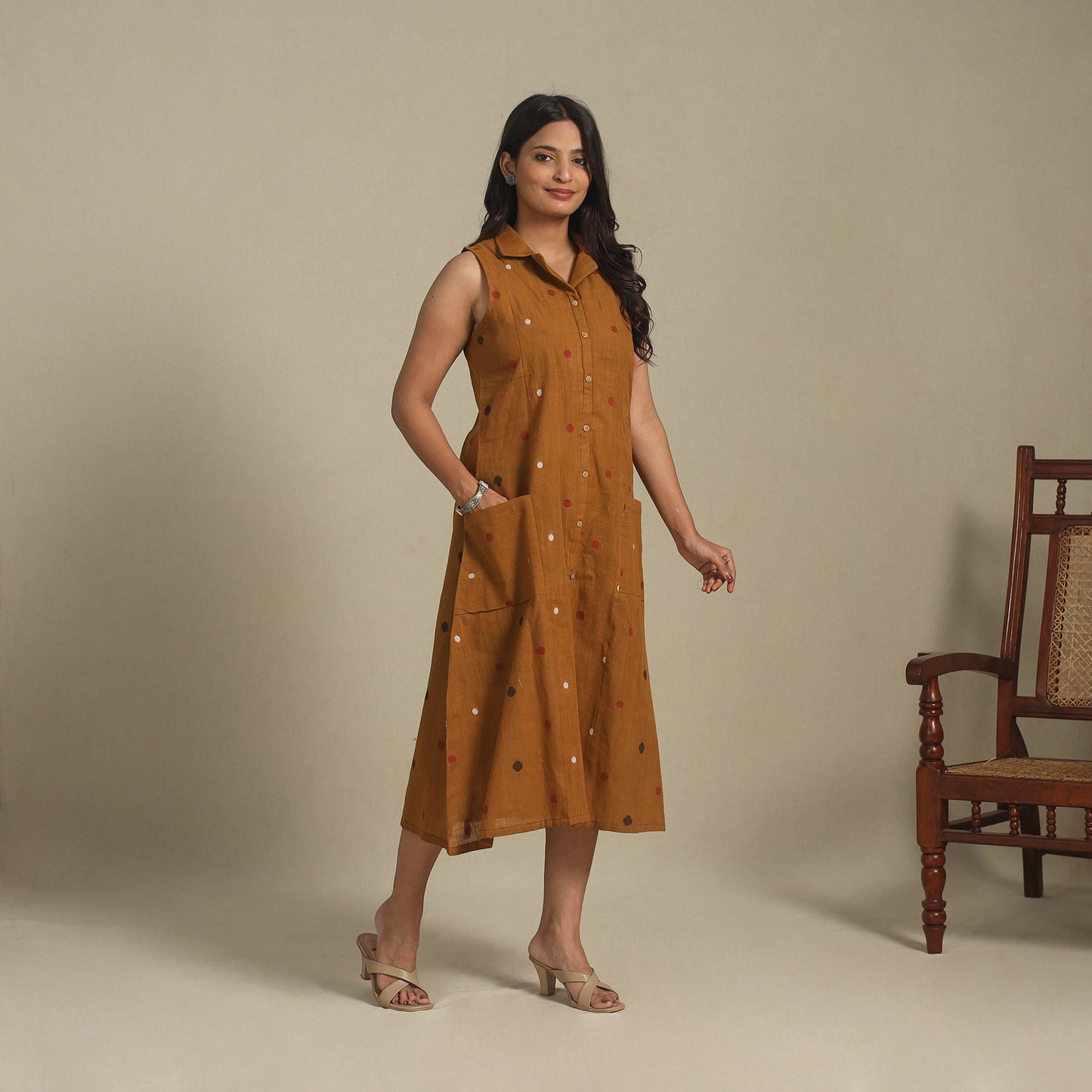 Brown - button down cotton jacquard dress 12 - handcrafted