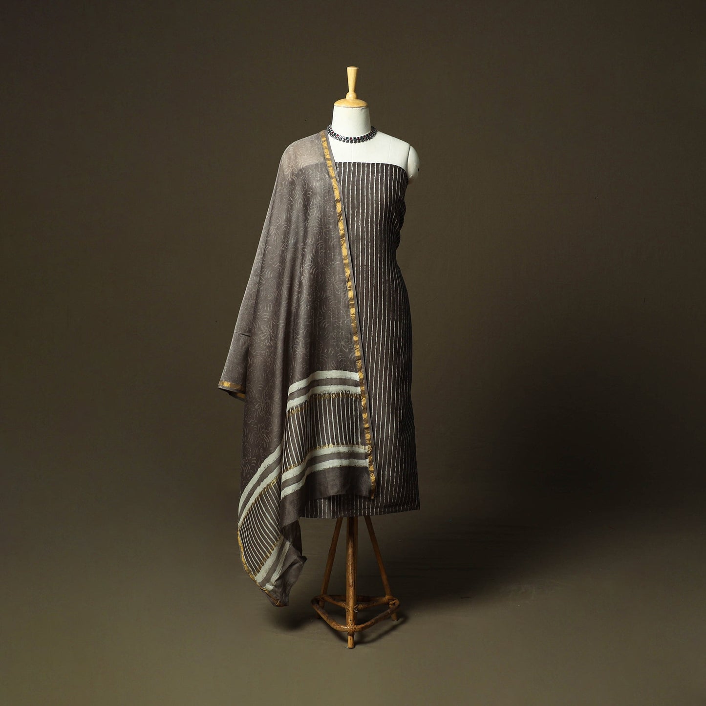 Chanderi silk hand block bagru print 3pc unstitched dress