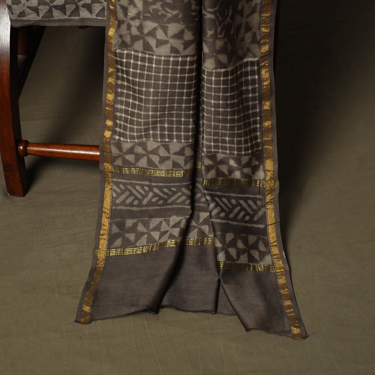Chanderi silk hand block bagru print 3pc unstitched dress