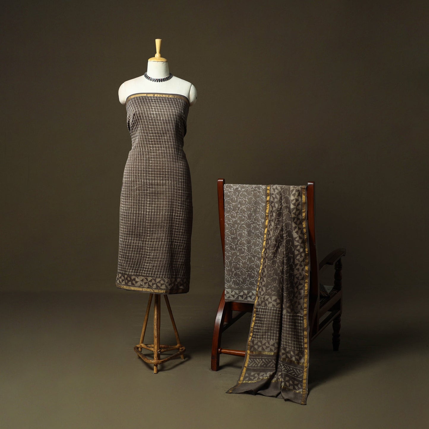 Chanderi silk hand block bagru print 3pc unstitched dress
