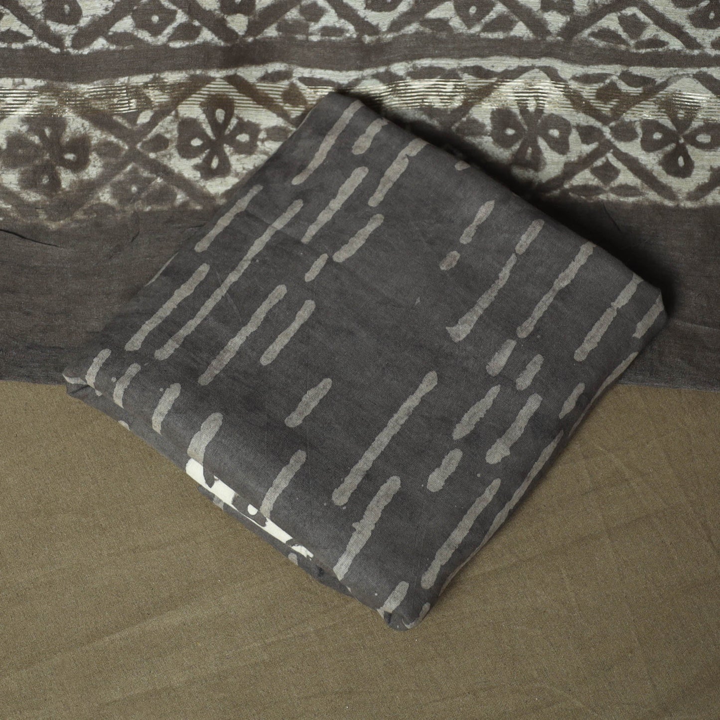 Chanderi silk hand block bagru print 3pc unstitched dress