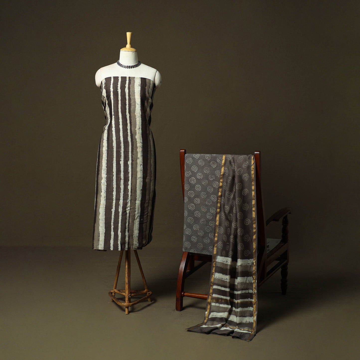 Chanderi silk hand block bagru print 3pc unstitched dress