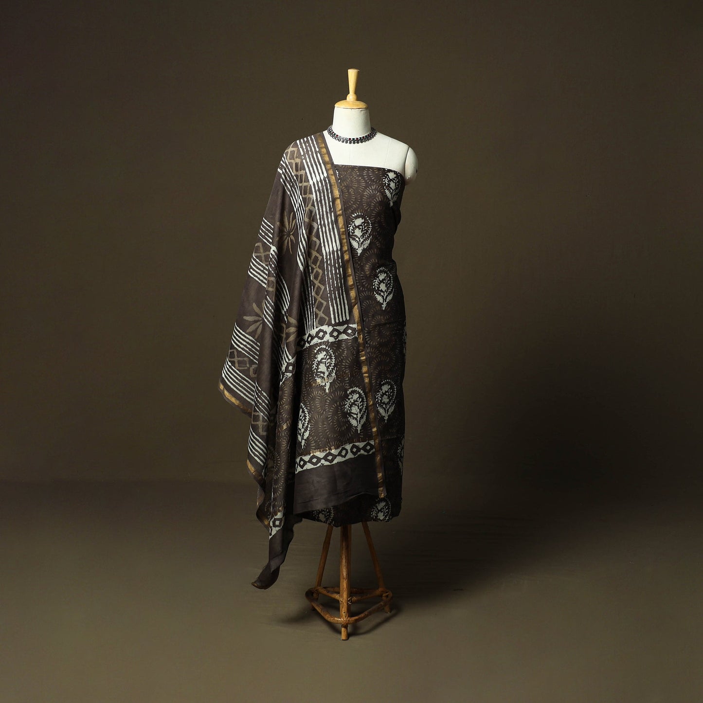 Chanderi silk hand block bagru print 3pc unstitched dress