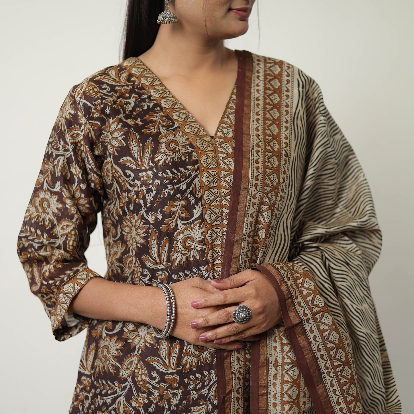 Brown Chanderi Silk Hand Block Bagru Print Kurta Set