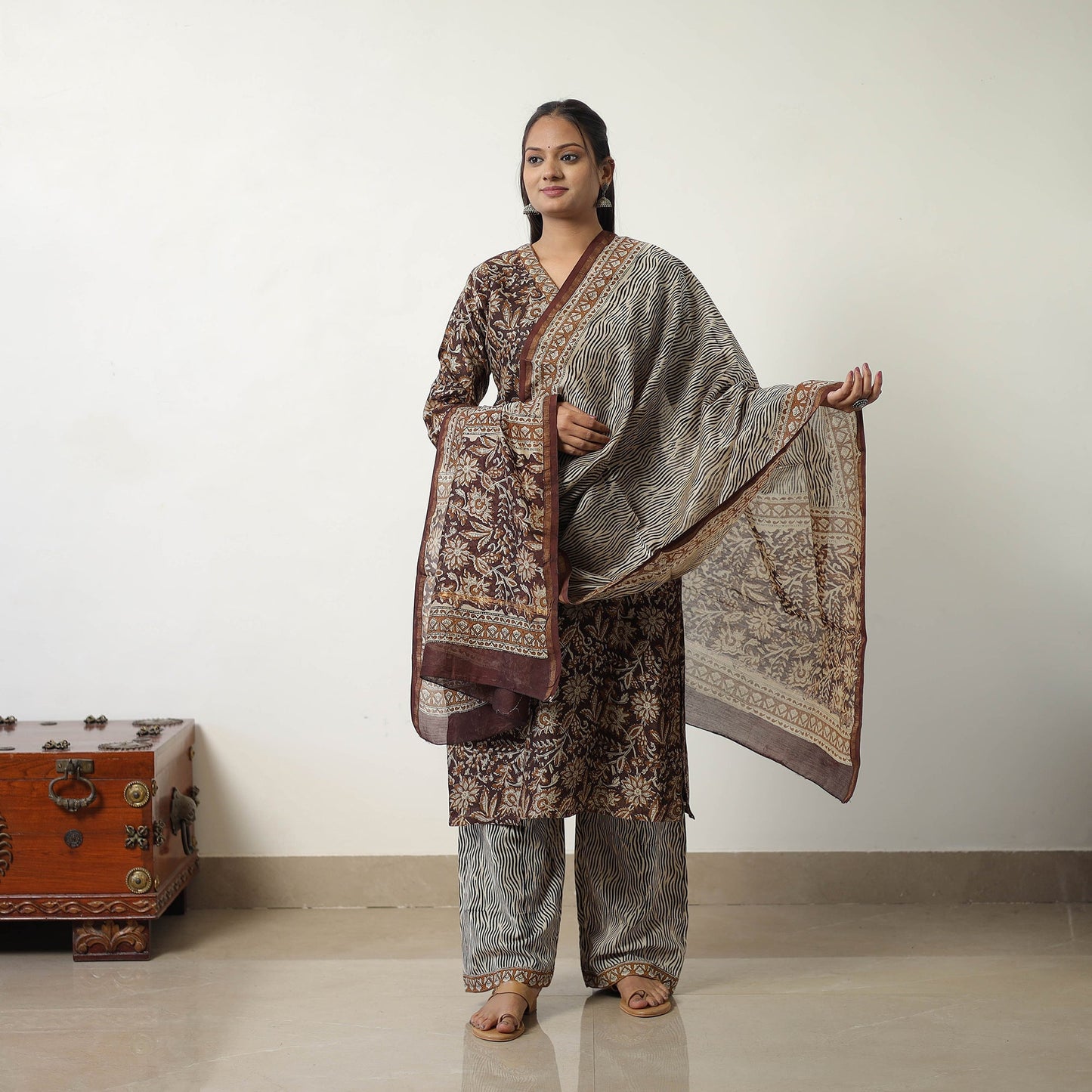 Brown Chanderi Silk Hand Block Bagru Print Kurta Set