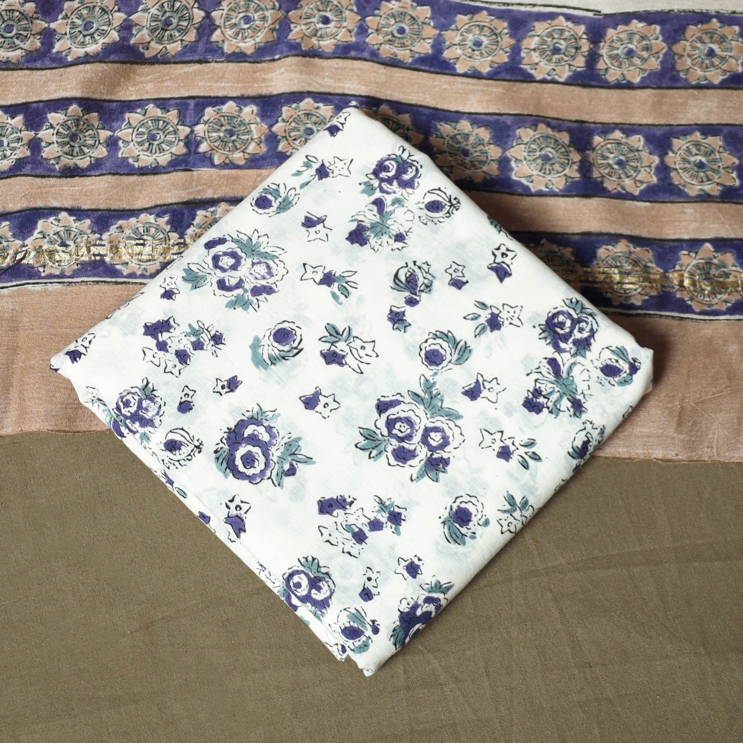 Chanderi silk hand block sanganeri print 3pc unstitched
