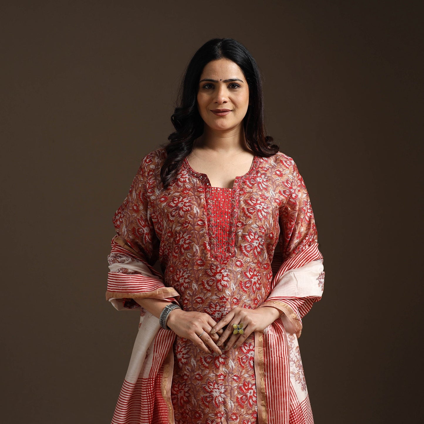 Brown - chanderi silk hand embroidery sanganeri suit set
