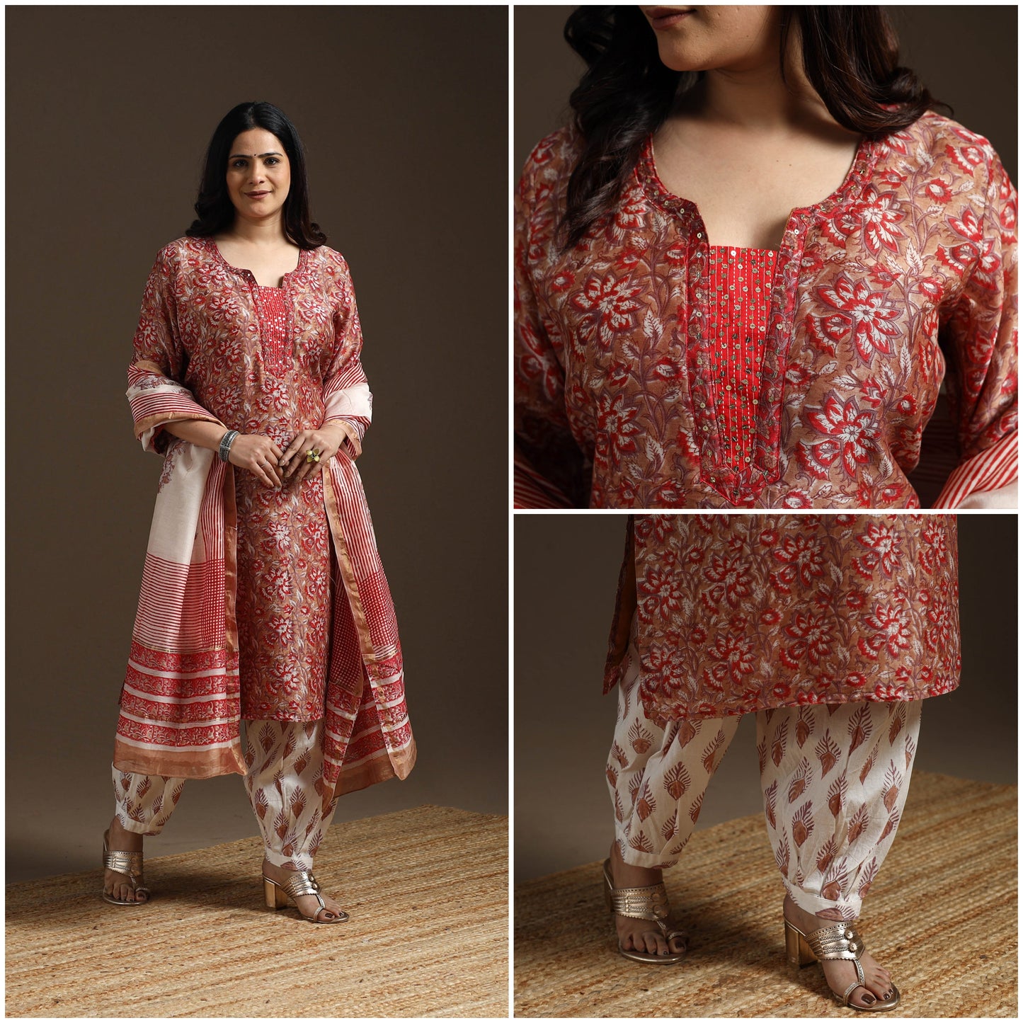 Brown - chanderi silk hand embroidery sanganeri suit set