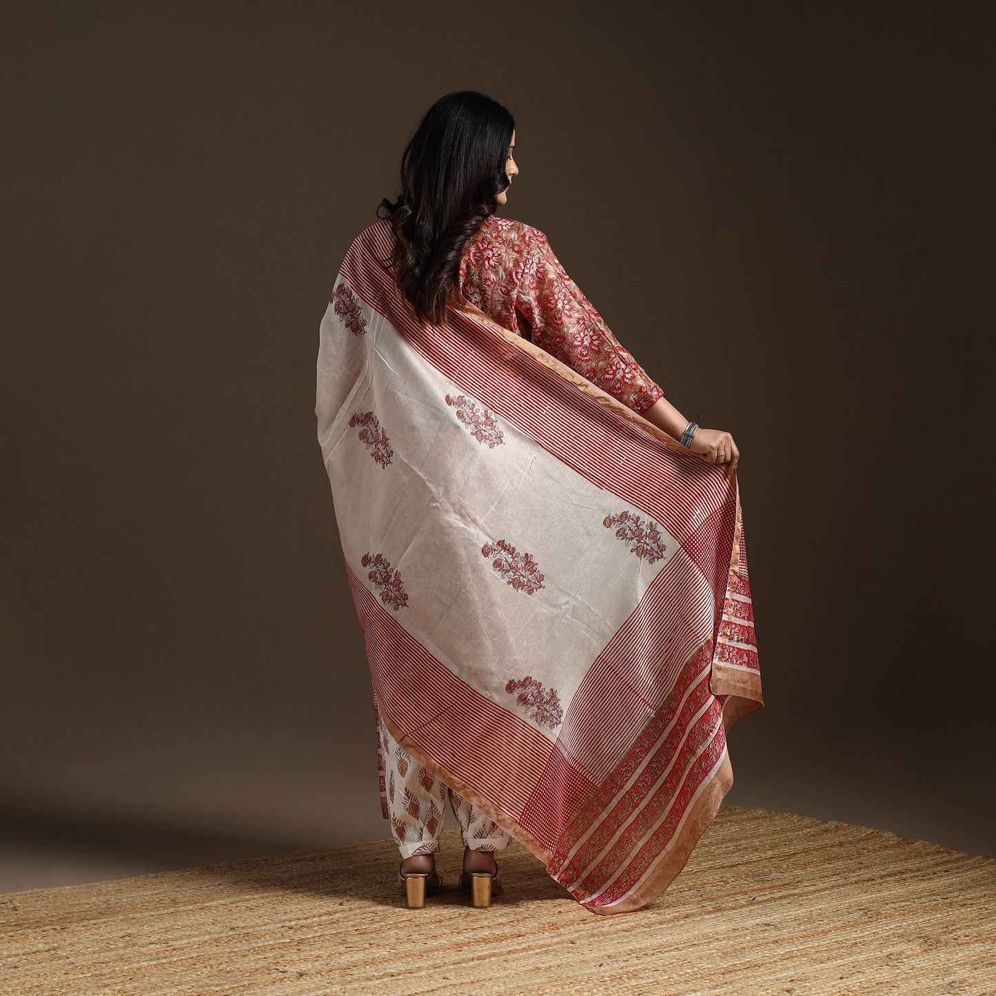 Brown - chanderi silk hand embroidery sanganeri suit set