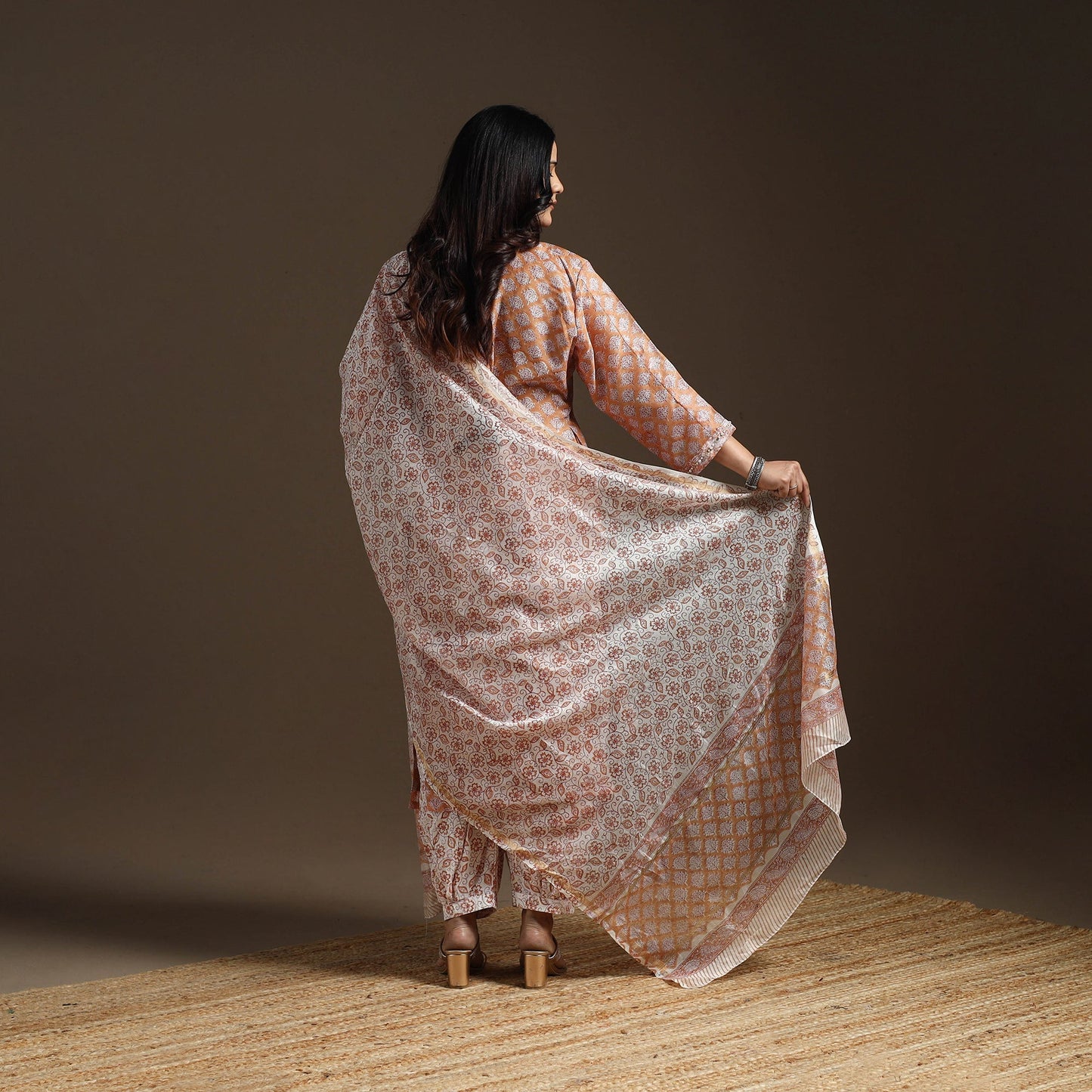 Brown - chanderi silk hand embroidery sanganeri suit set