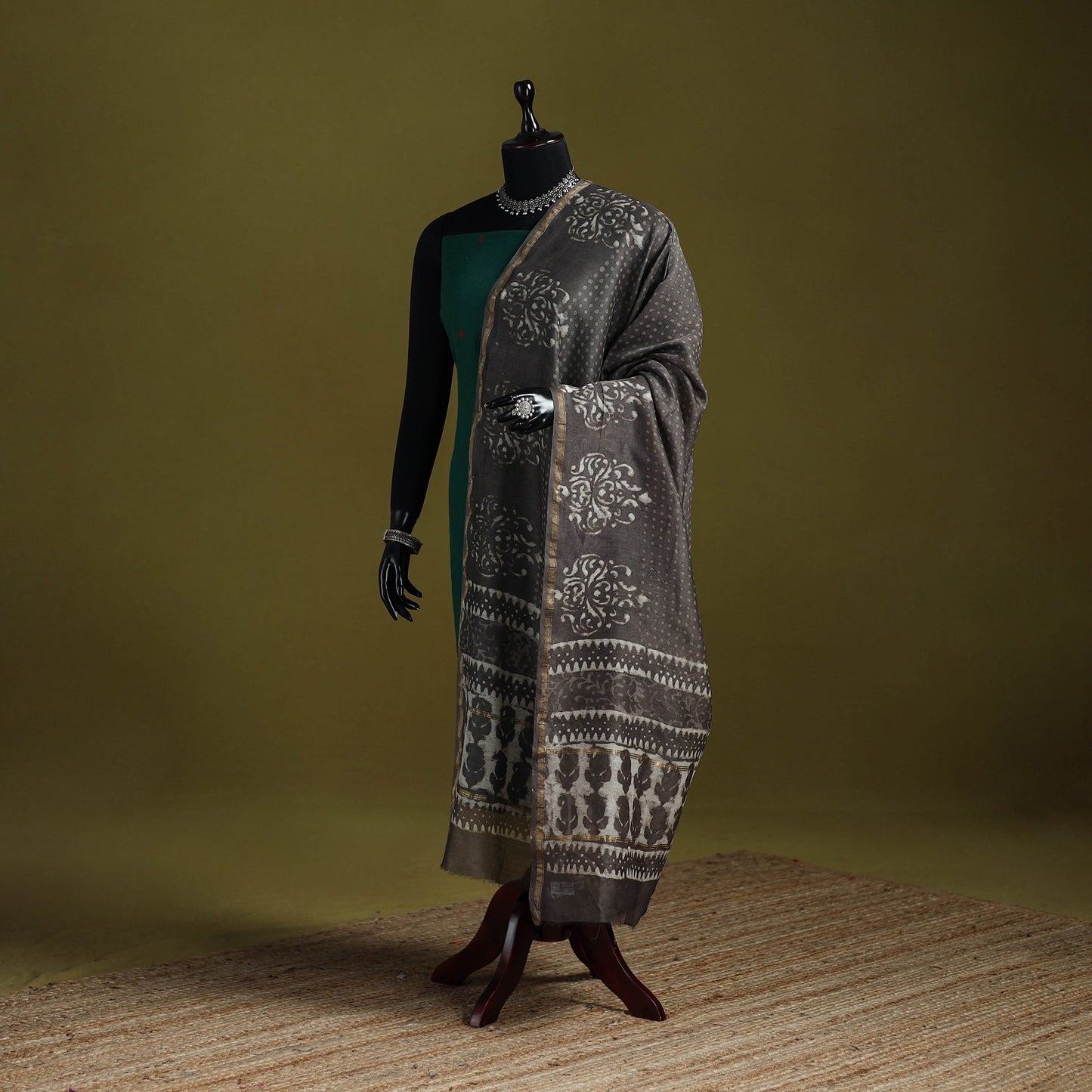 Brown - chanderi silk hand bagru dupatta 12 - handcrafted