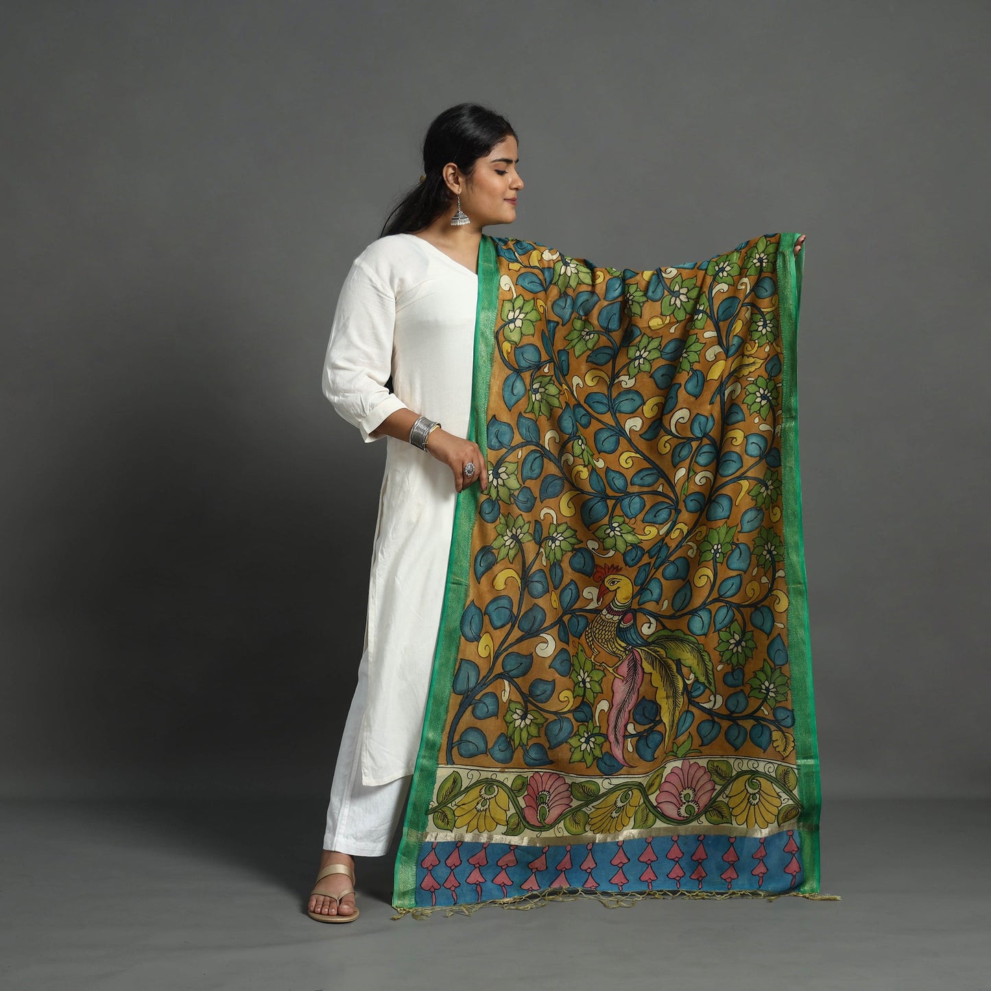 Brown - chanderi silk handpainted srikalahasti pen