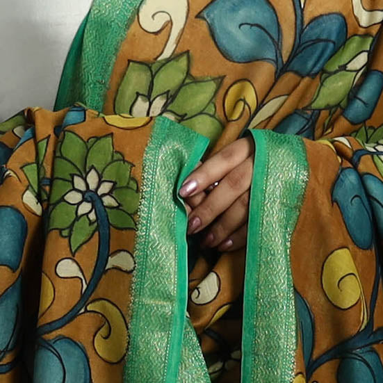 Brown - chanderi silk handpainted srikalahasti pen