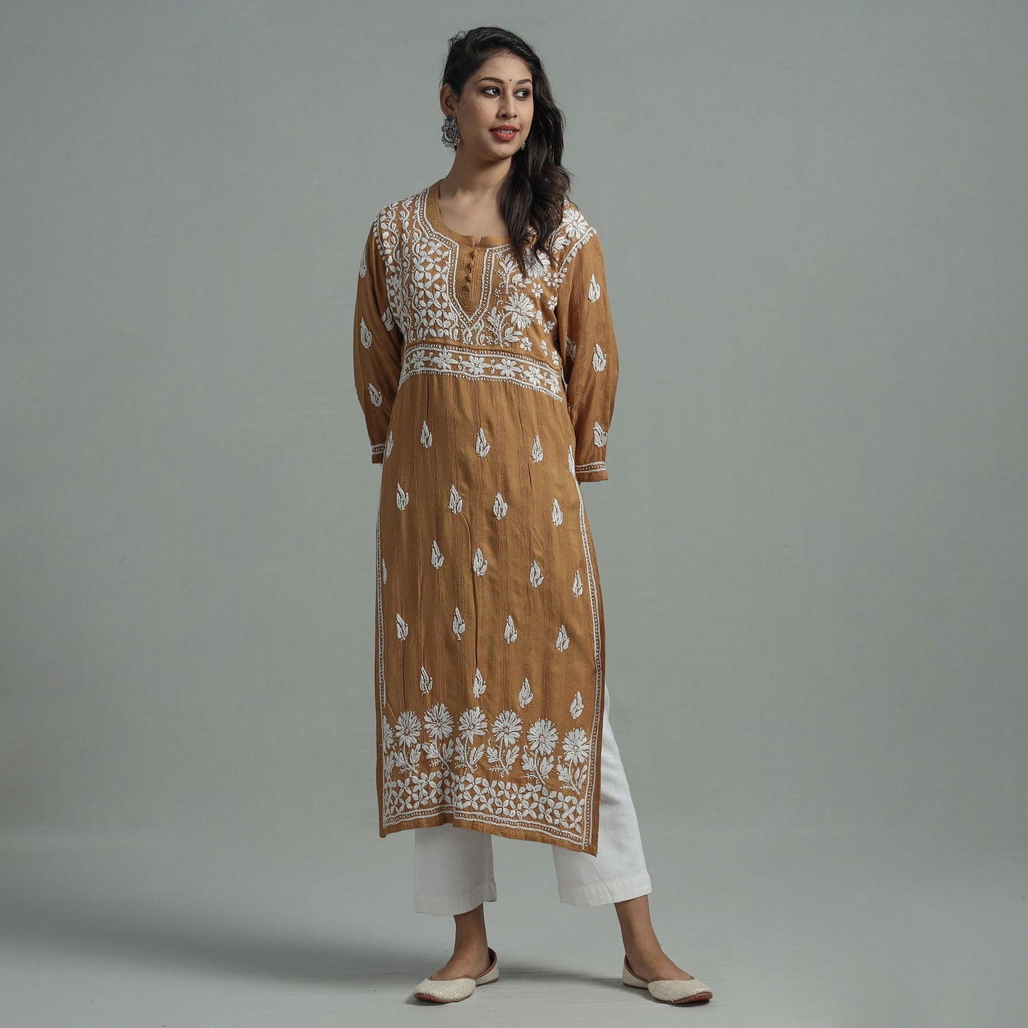 Chikankari Hand Embroidered Cotton Long Kurta for Women