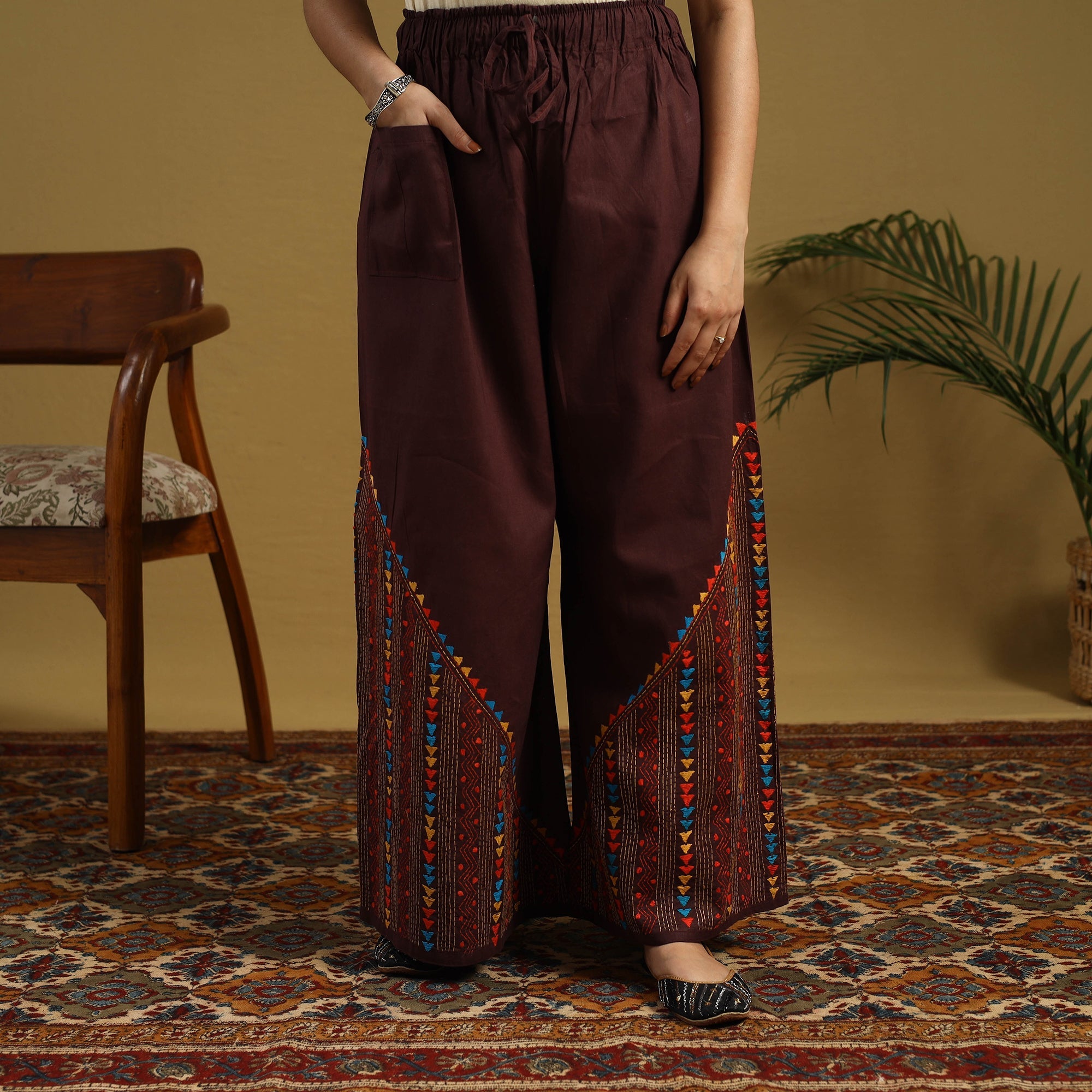 Beige - Kantha Hand Embroidery Palazzo in Cotton 49