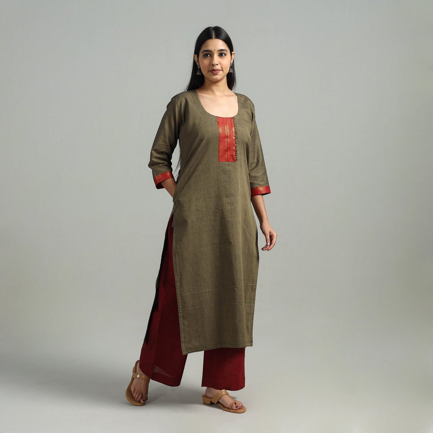 Brown Cotton Dharwad Kurta Set with Palazzo & Dupatta