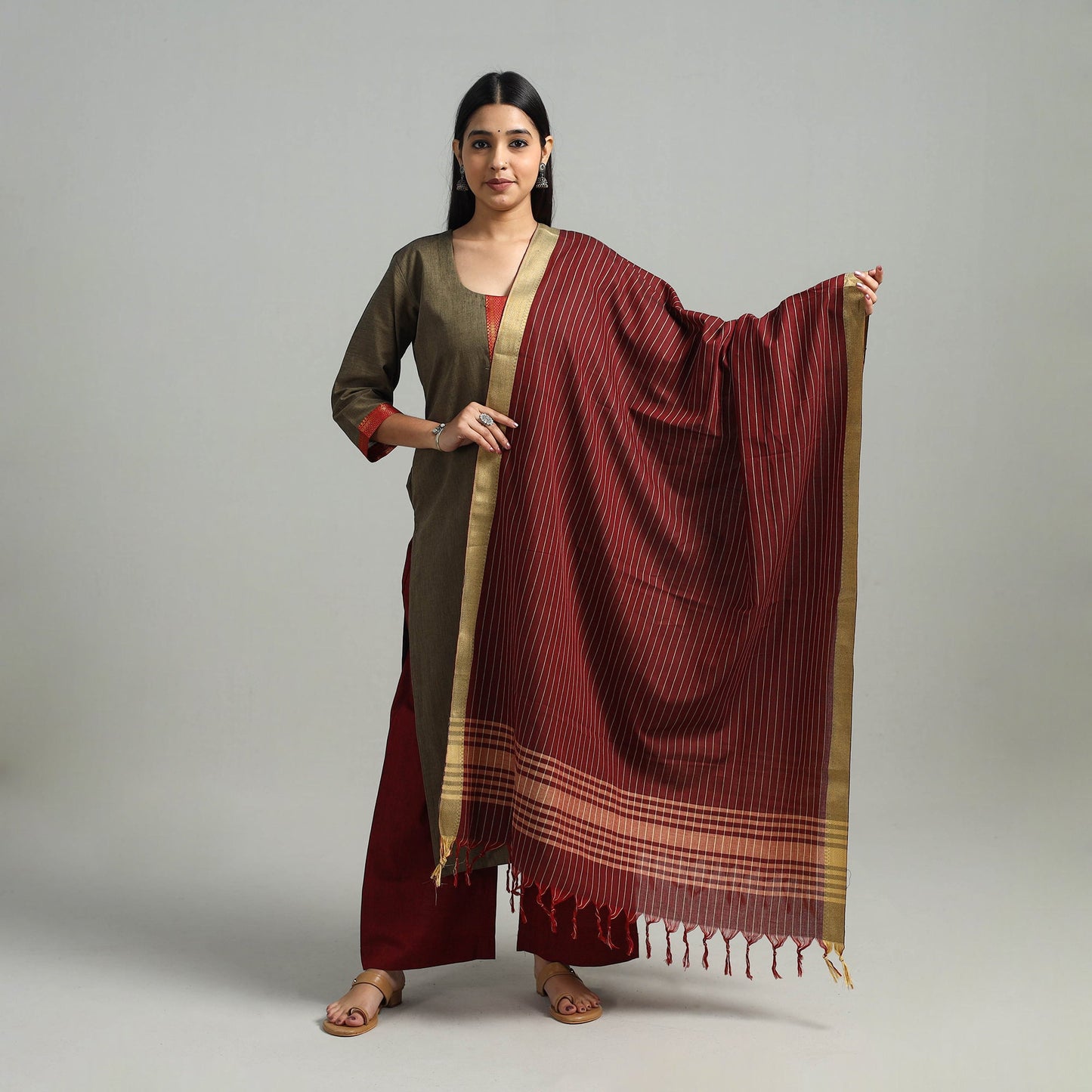 Brown Cotton Dharwad Kurta Set with Palazzo & Dupatta