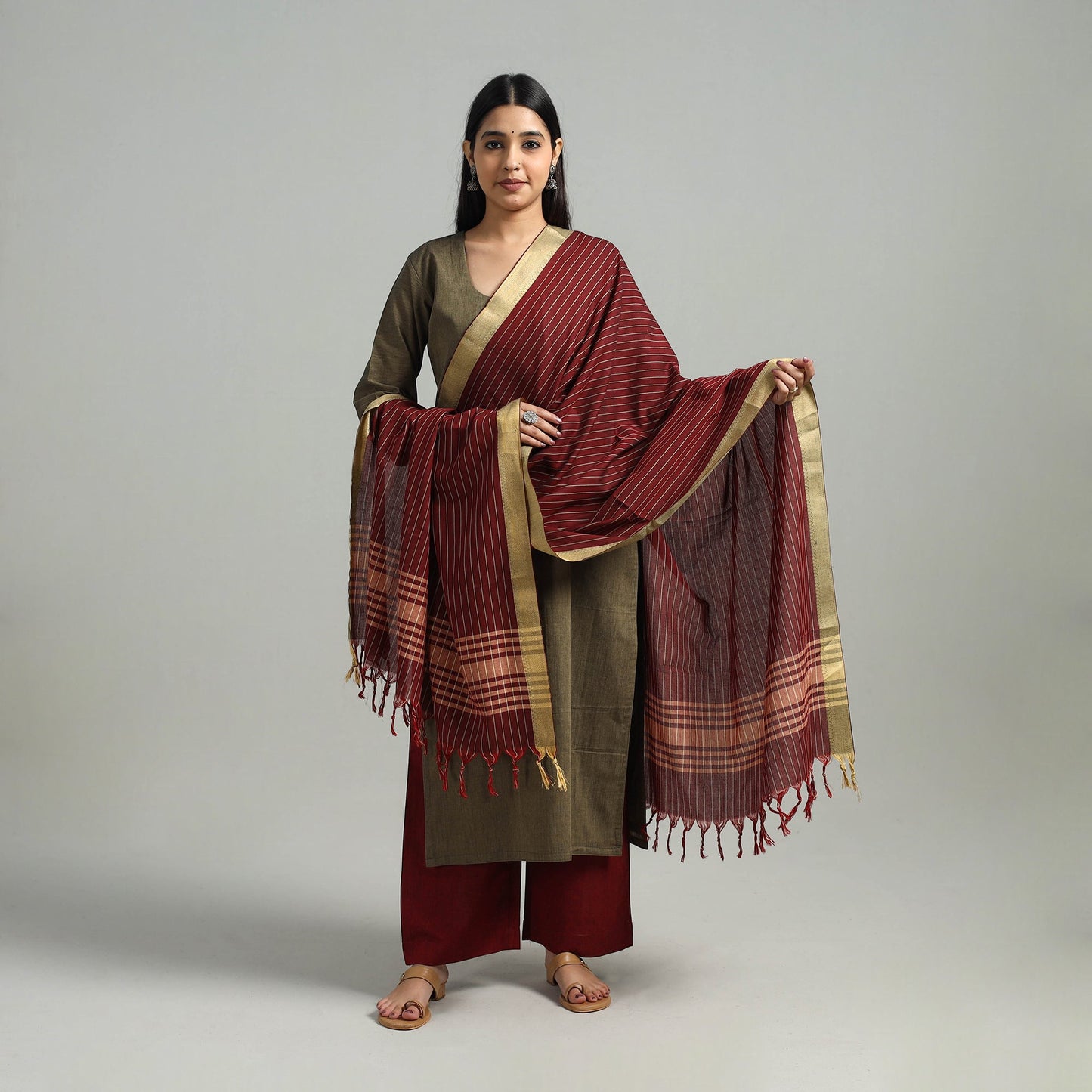 Brown Cotton Dharwad Kurta Set with Palazzo & Dupatta