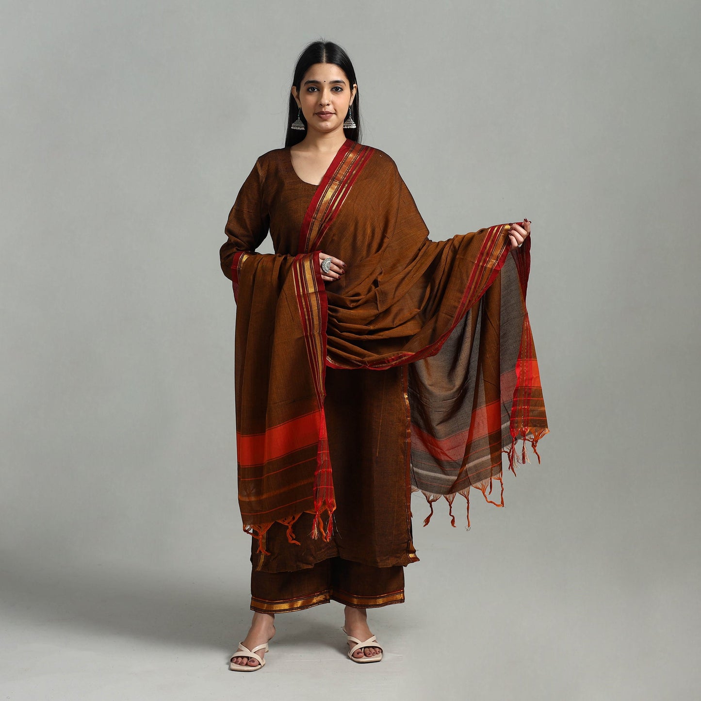 Cotton Brown Dharwad Kurta Set with Palazzo & Dupatta