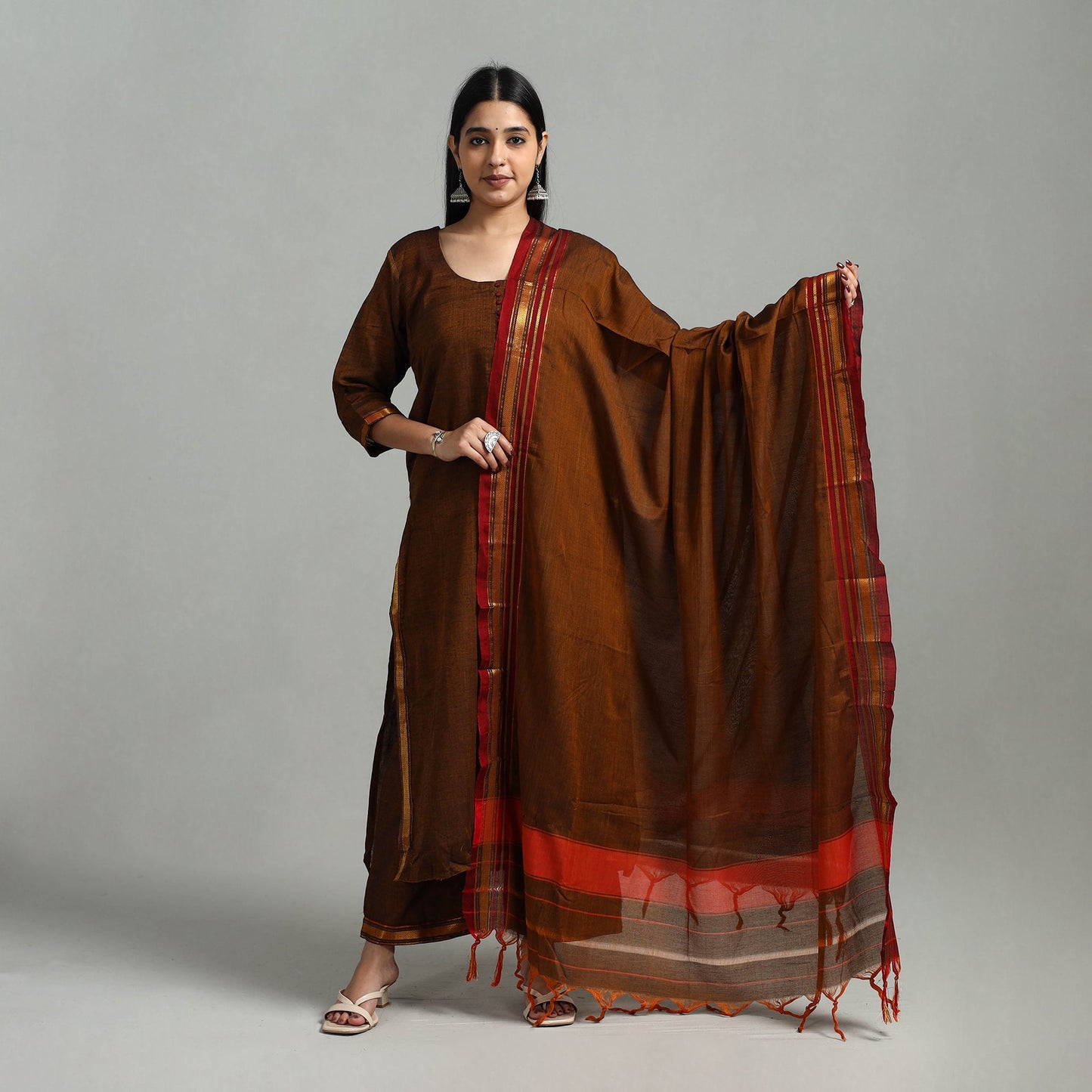 Cotton Brown Dharwad Kurta Set with Palazzo & Dupatta