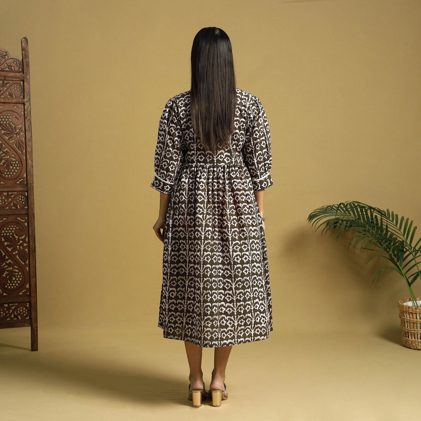 Brown Cotton Flared Hand Batik Print Dress