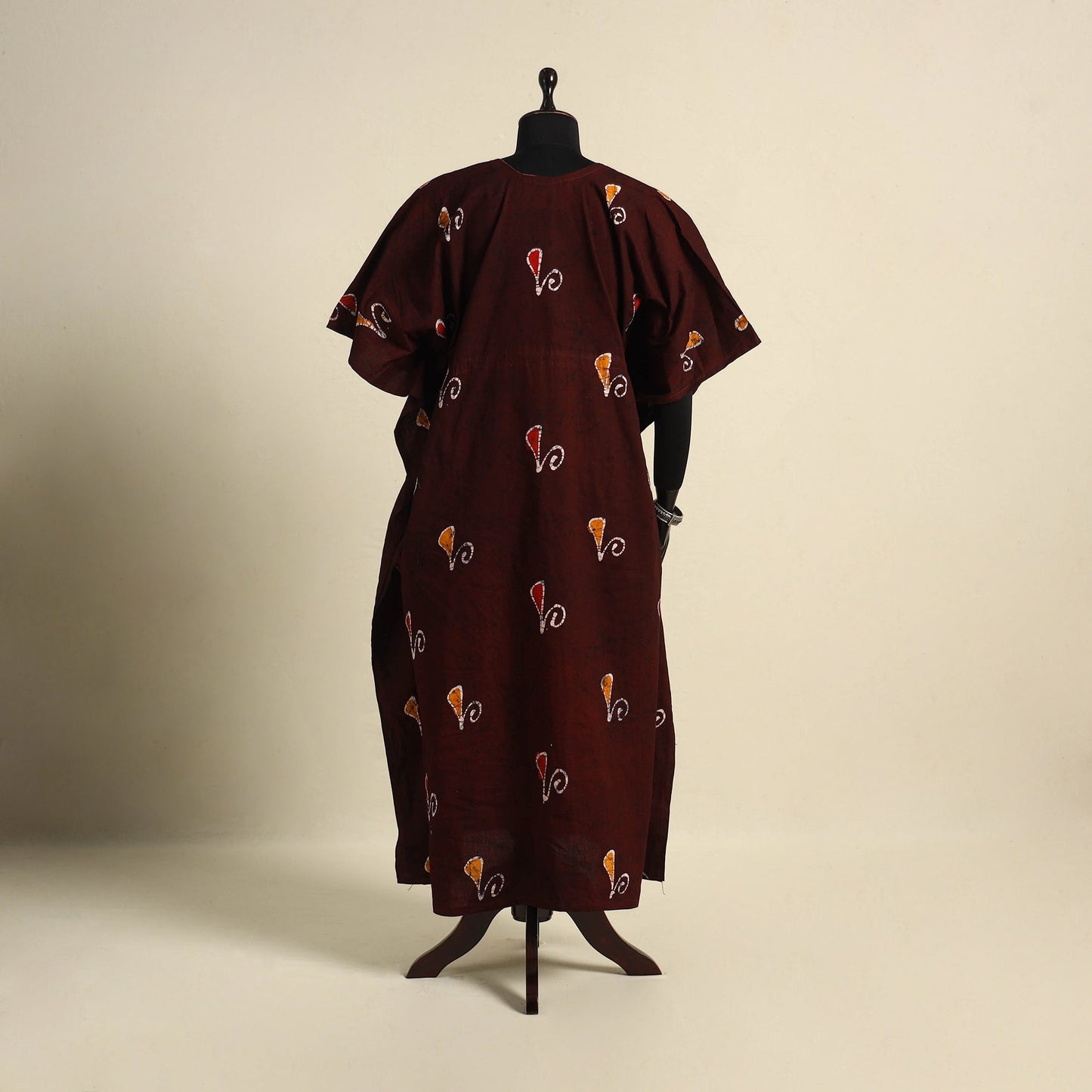 Brown - cotton hand batik kaftan with tie-up waist (long)