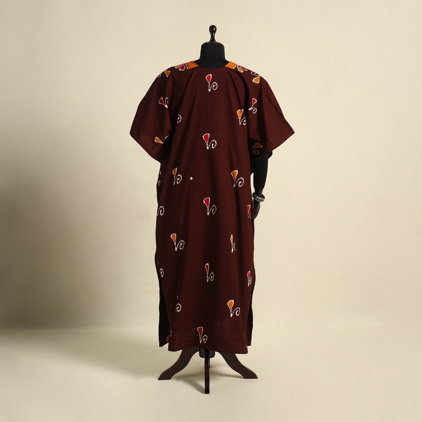 Brown - cotton hand batik kaftan with tie-up waist (long)
