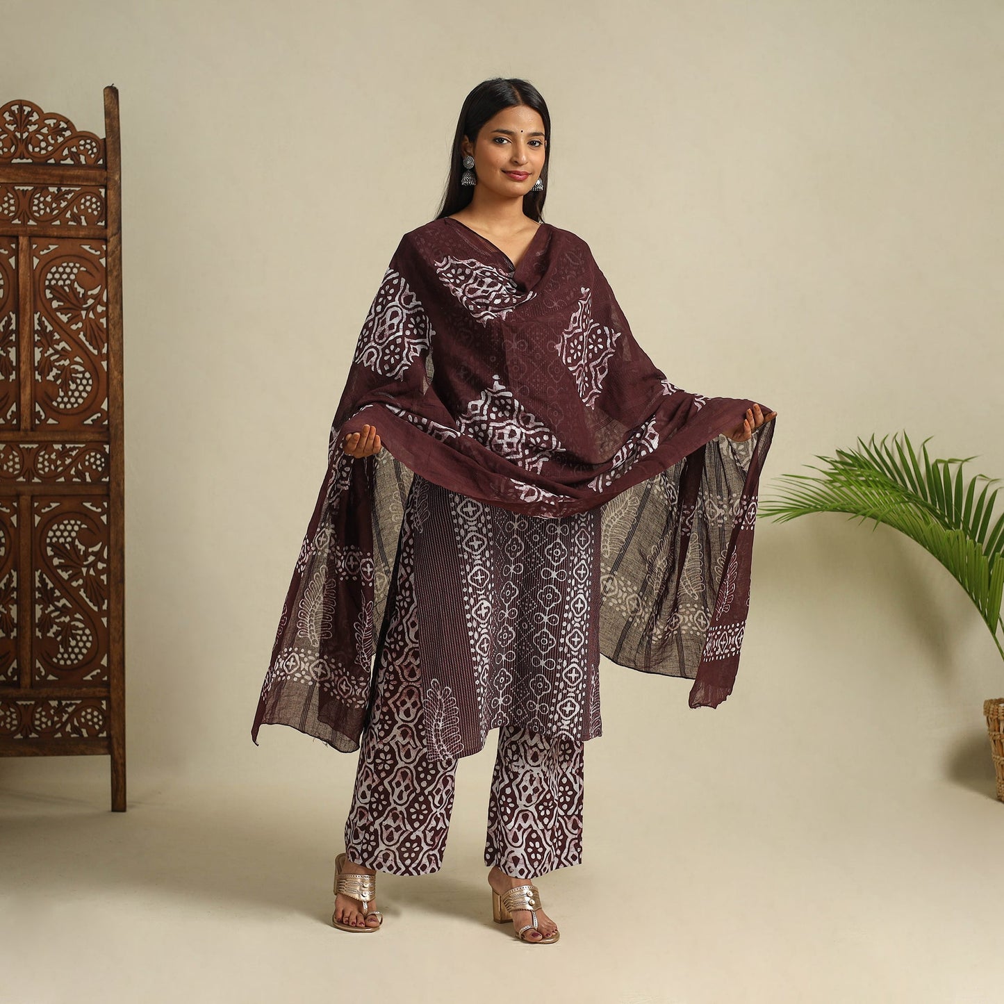 Brown Cotton Hand Batik Print Suit Set