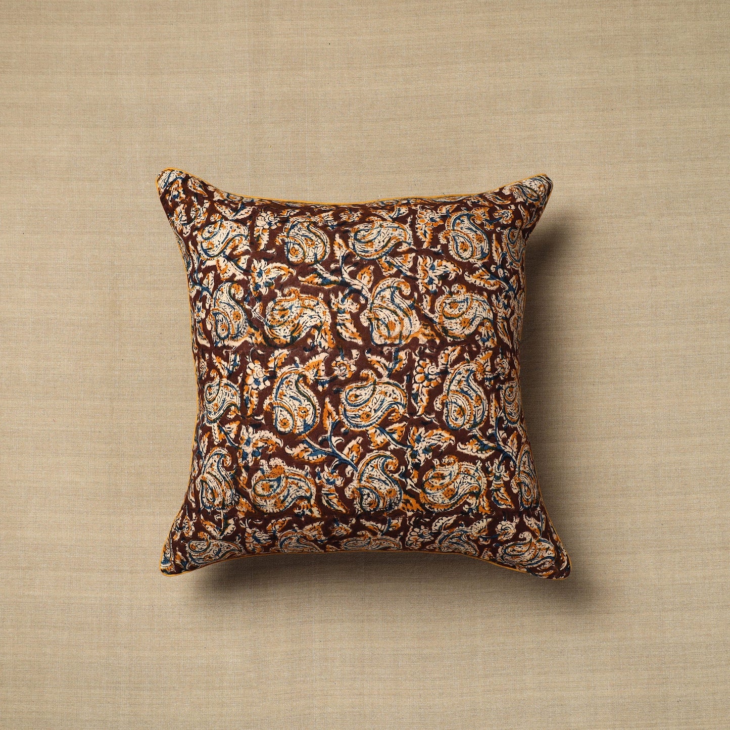 Brown Block Print Cotton Kalamkari Cushion Cover