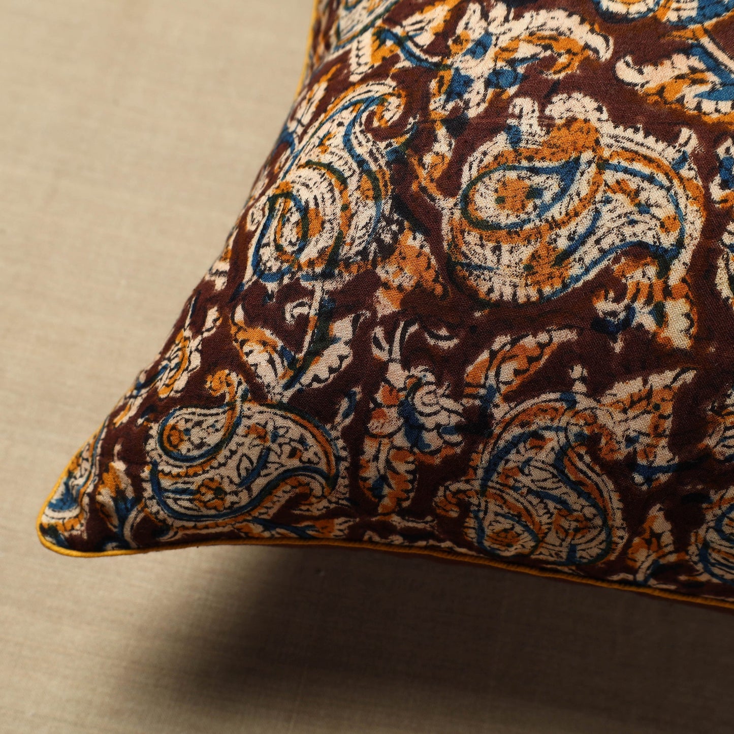 Brown Block Print Cotton Kalamkari Cushion Cover