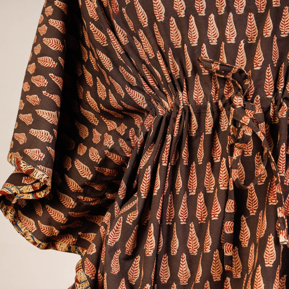 Brown Block Print Cotton Kalamkari Kaftan with Tie-Up Waist