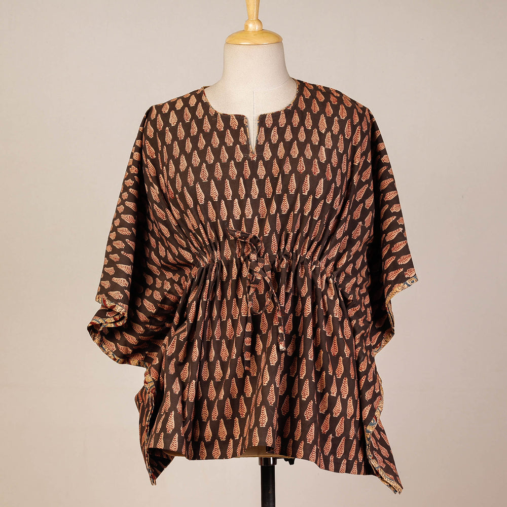Brown Block Print Cotton Kalamkari Kaftan with Tie-Up Waist
