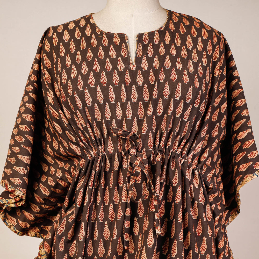 Brown Block Print Cotton Kalamkari Kaftan with Tie-Up Waist