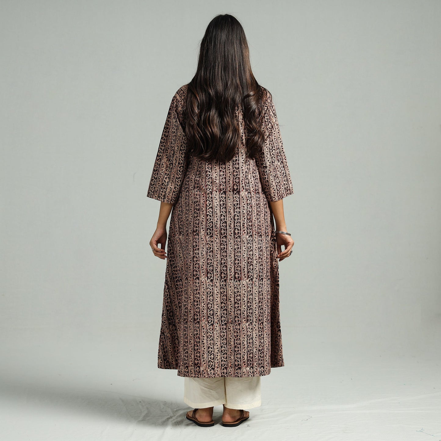 Brown Block Print Cotton A-Line Kalamkari Kurta
