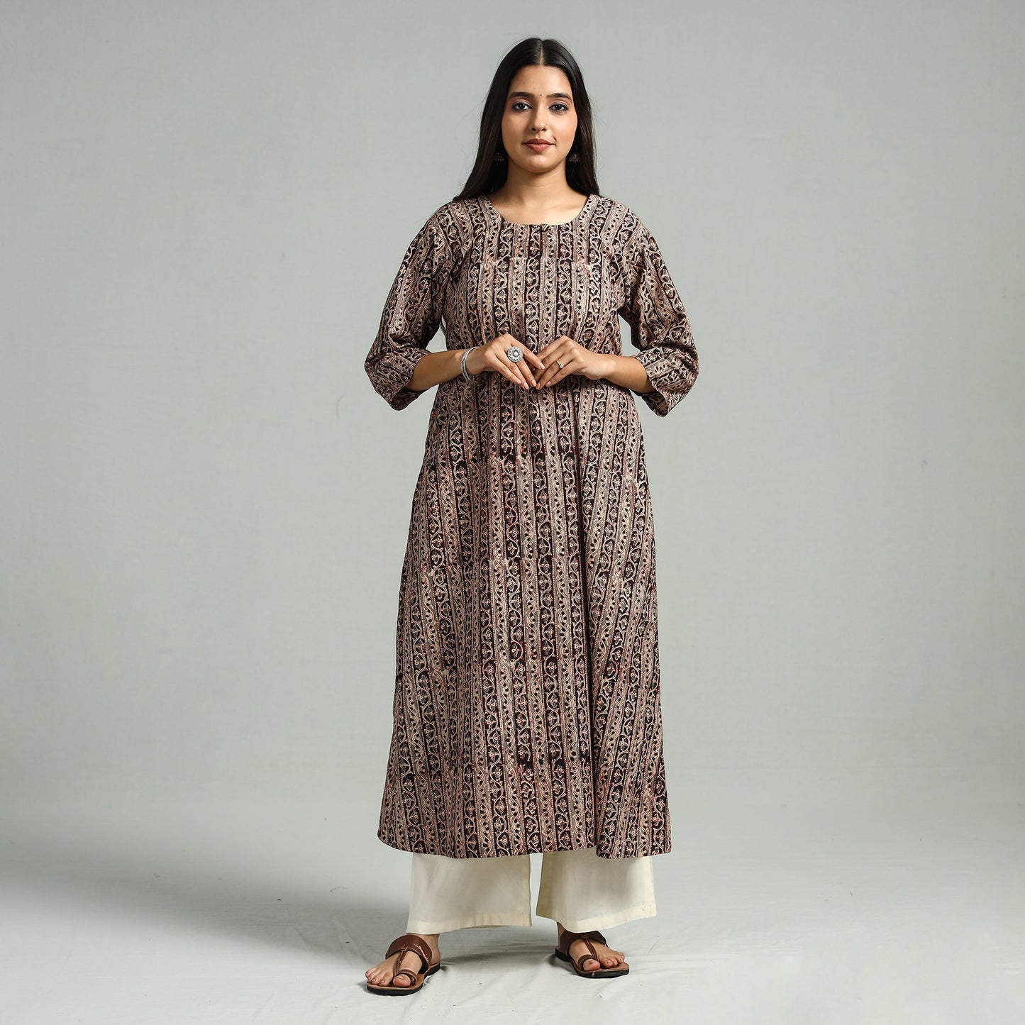 Brown Block Print Cotton A-Line Kalamkari Kurta