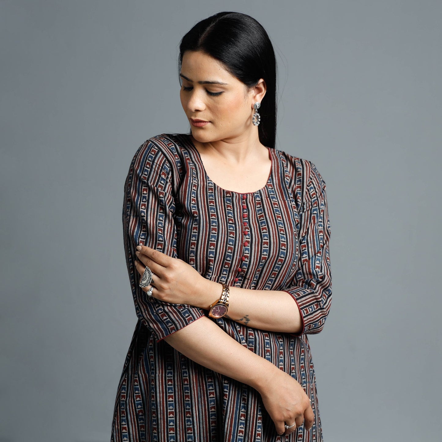 Ajrakh Block Printed Cotton Long Kurta for Women