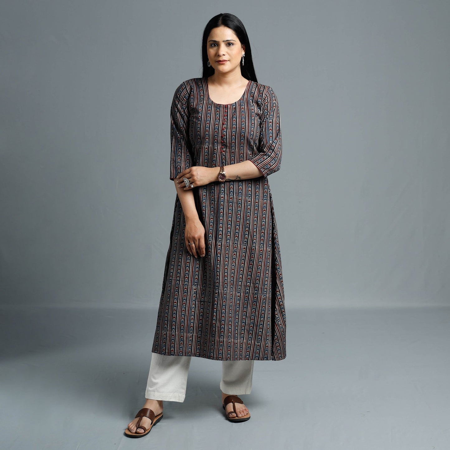 Ajrakh Block Printed Cotton Long Kurta for Women