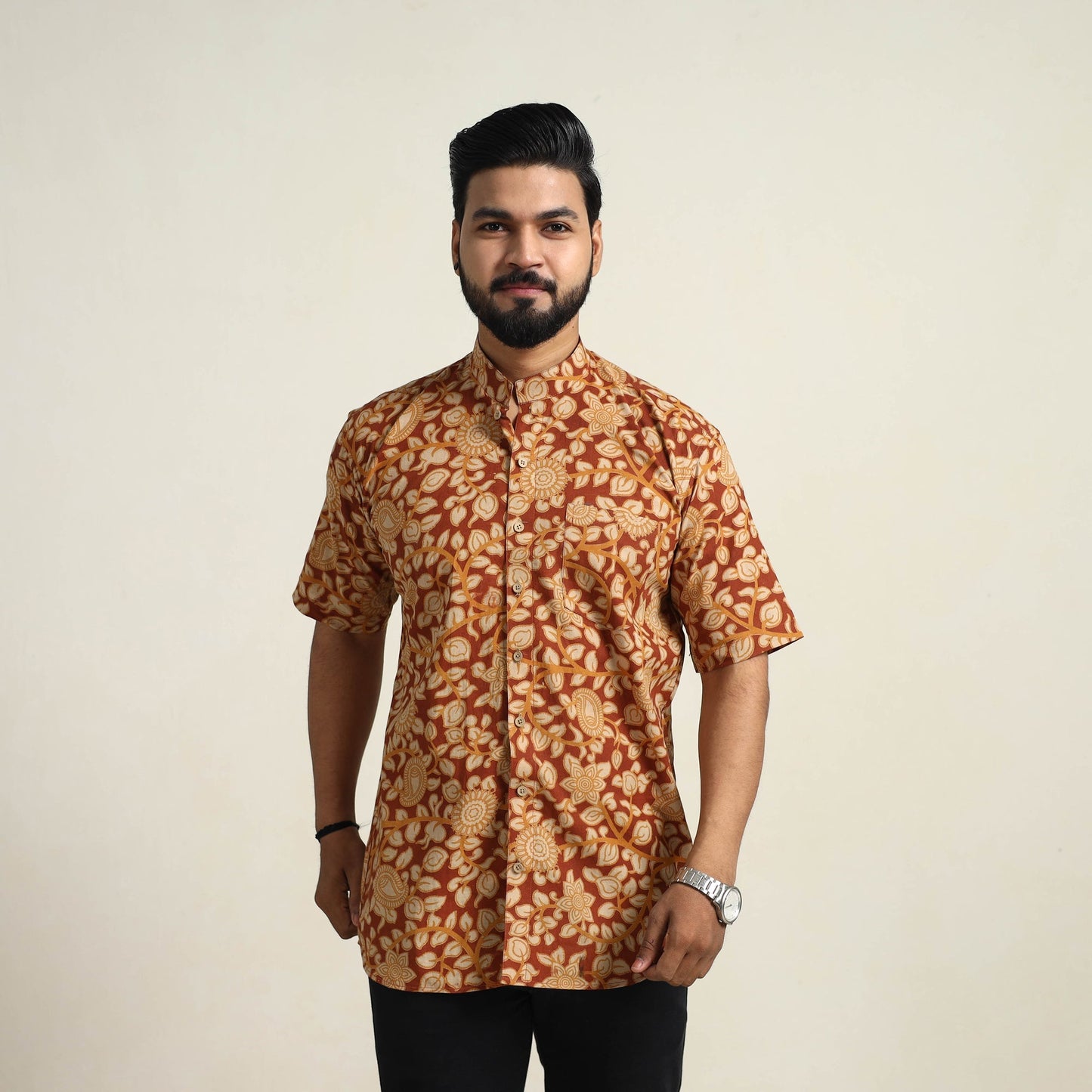 Brown Cotton Men Kalamkari Print Shirt